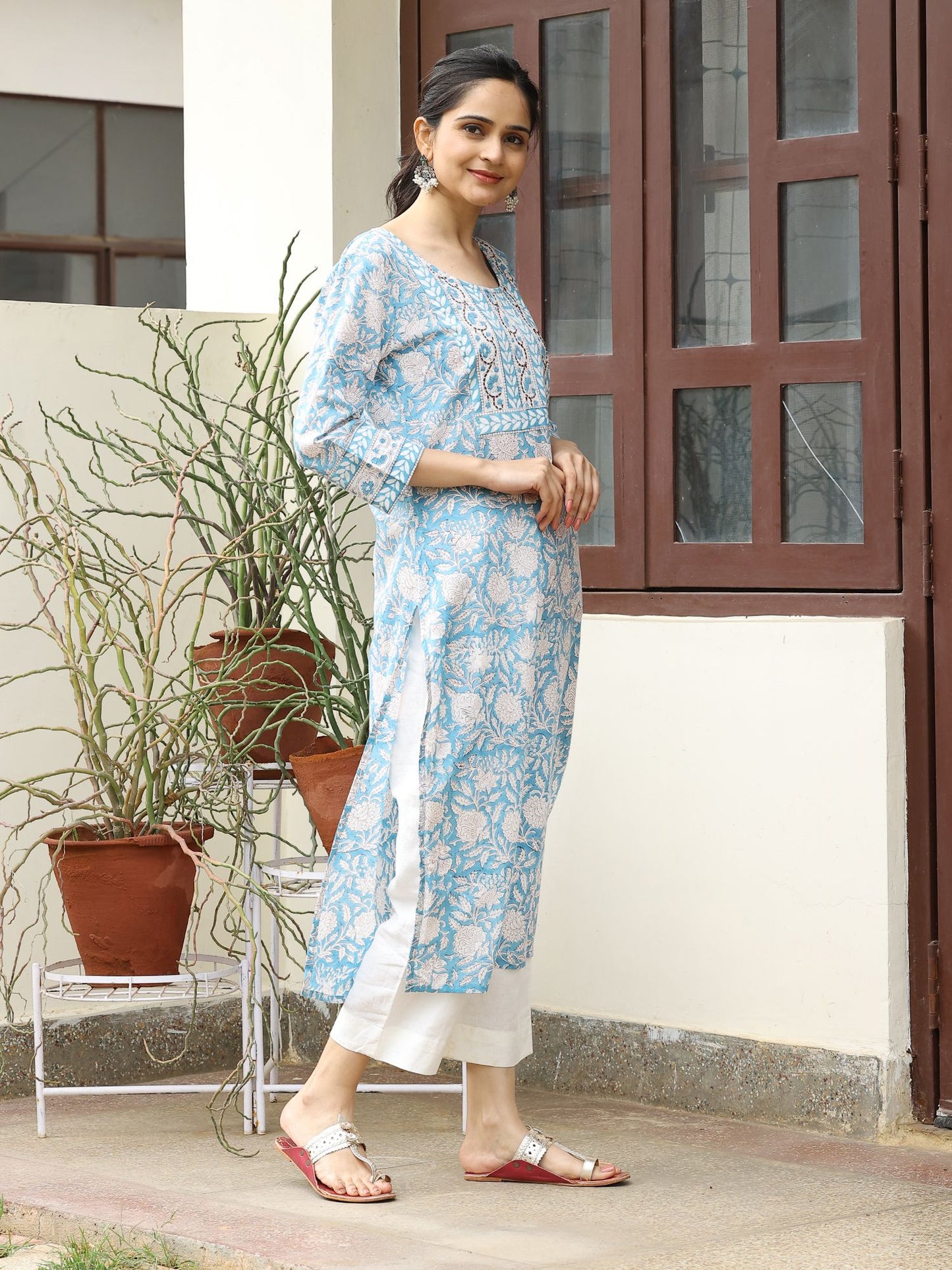 Blue Kantha HandBlocked Bagru Floral Printed Kurta