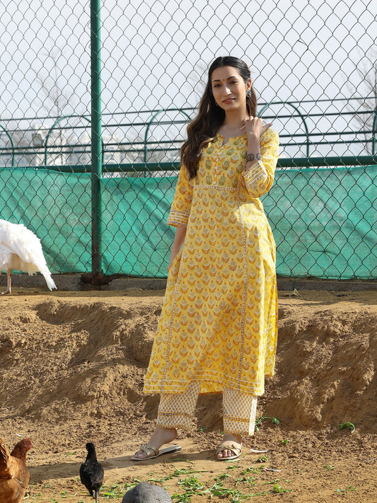 Yellow Handblocked Bagru Printed Cotton Kurta Set with Dupatta