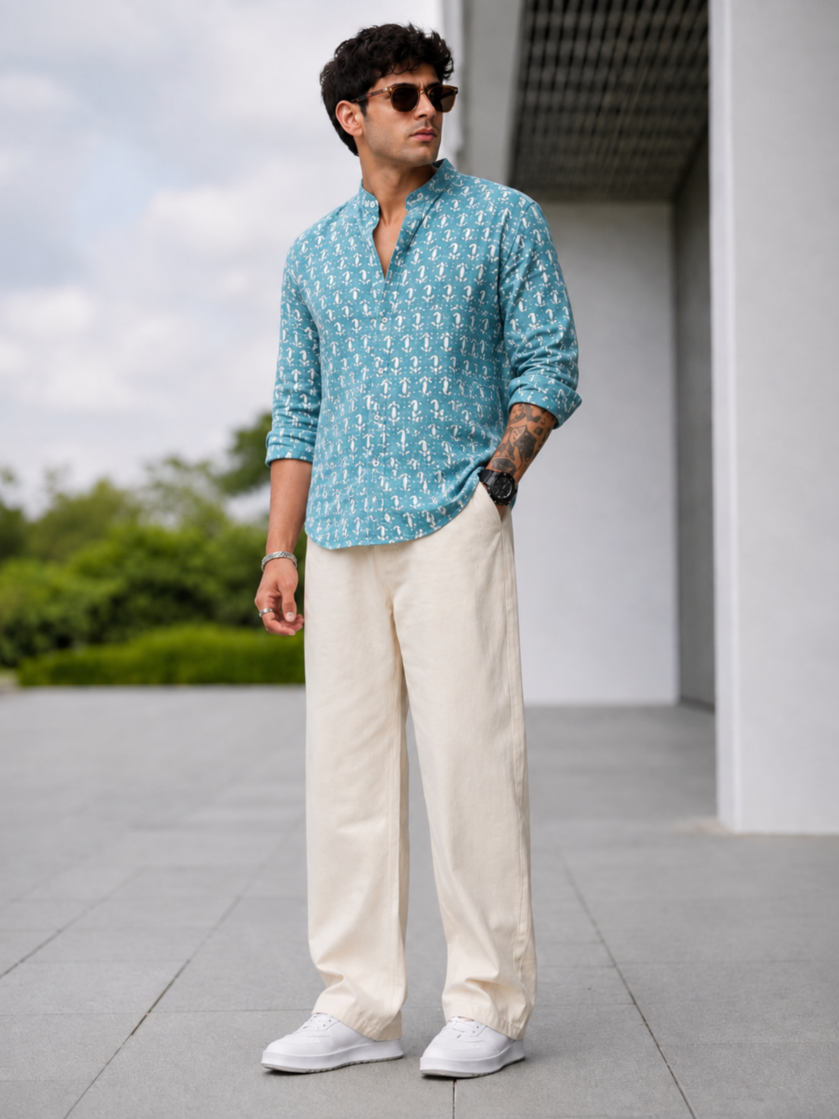 Handblock Printed Mens Cotton Short Kurta Style Shirt  (Blue)
