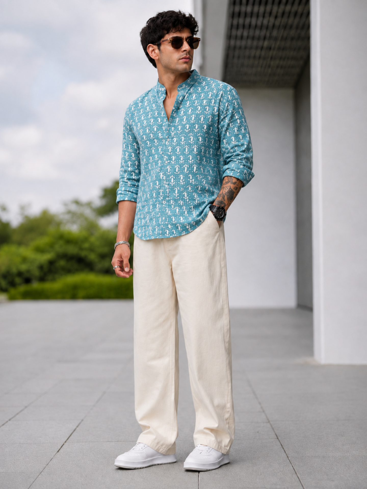 Handblock Printed Mens Cotton Short Kurta Style Shirt  (Blue)