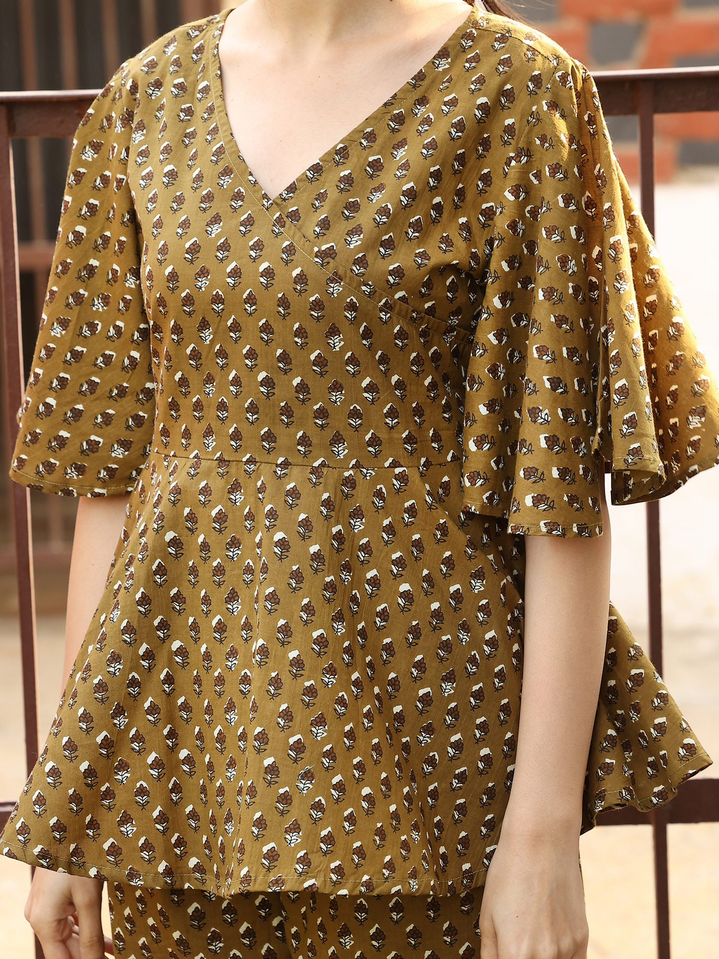 Yellow Handblocked Bagru Printed  Frilled Sleeve Cotton Co-ord Set