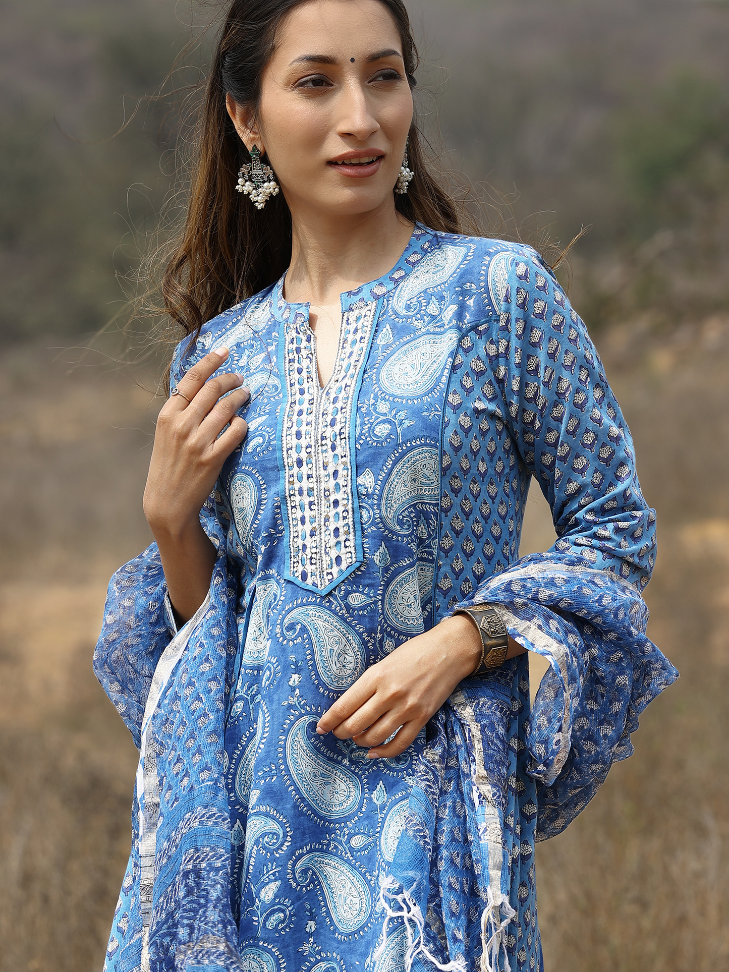 Blue Cotton Hand Block Printed Anarkali Kurta Set with Sequin Work & Kota Doriya Dupatta