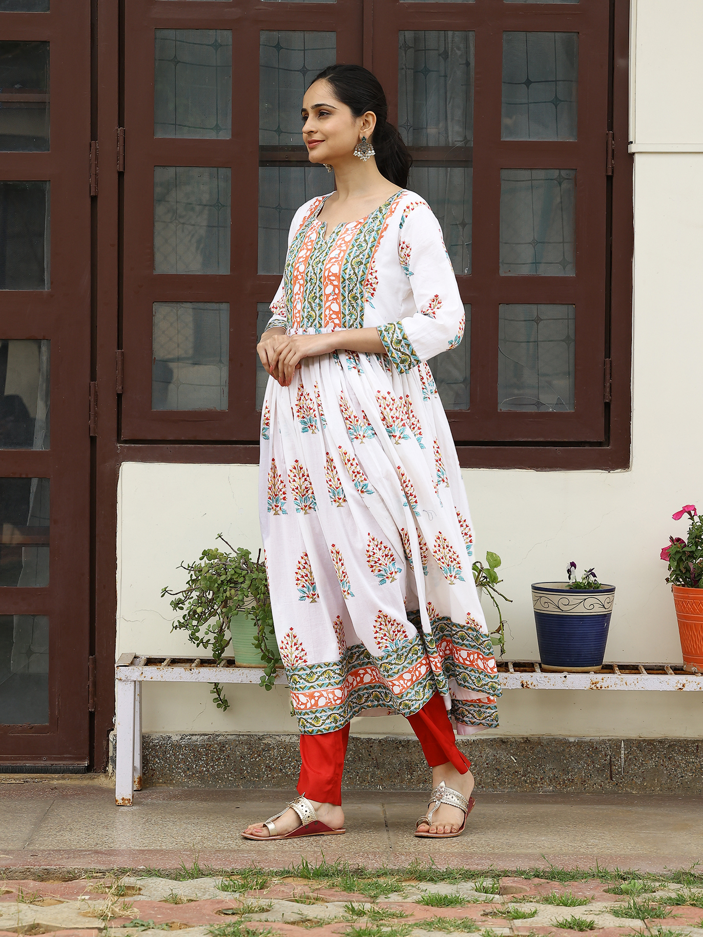 White Hand Block Printed Cotton Anarkali Kurta Round Neck