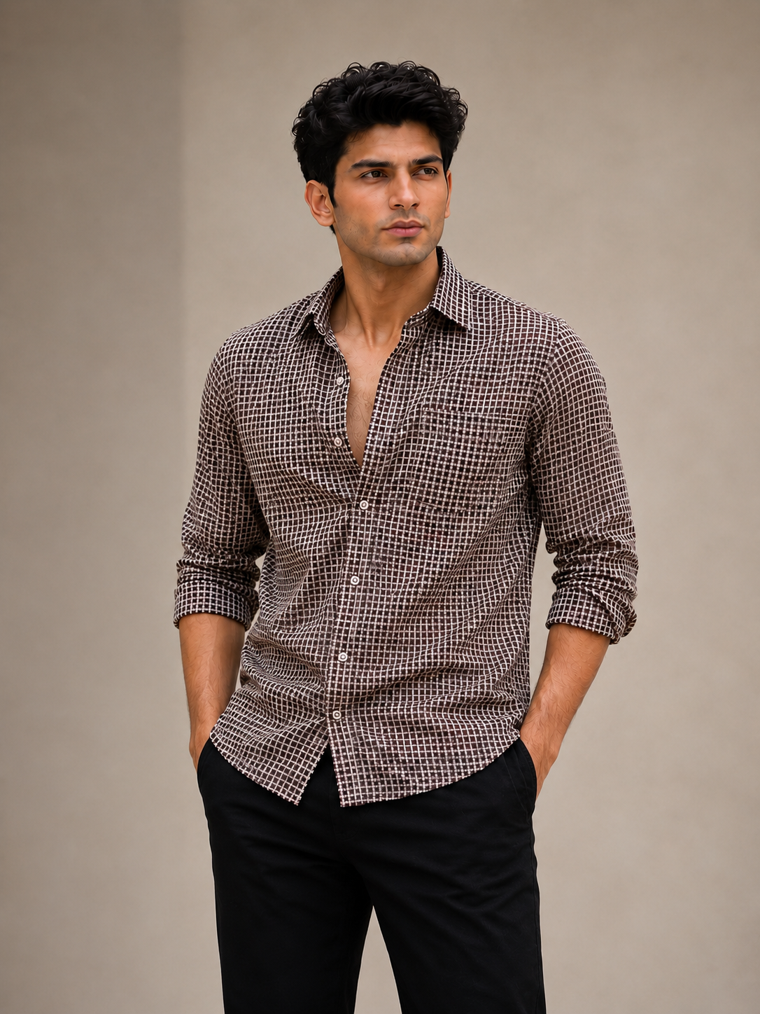 Full Sleeve Checkhered Printed Mens Cotton Shirt (Baige)
