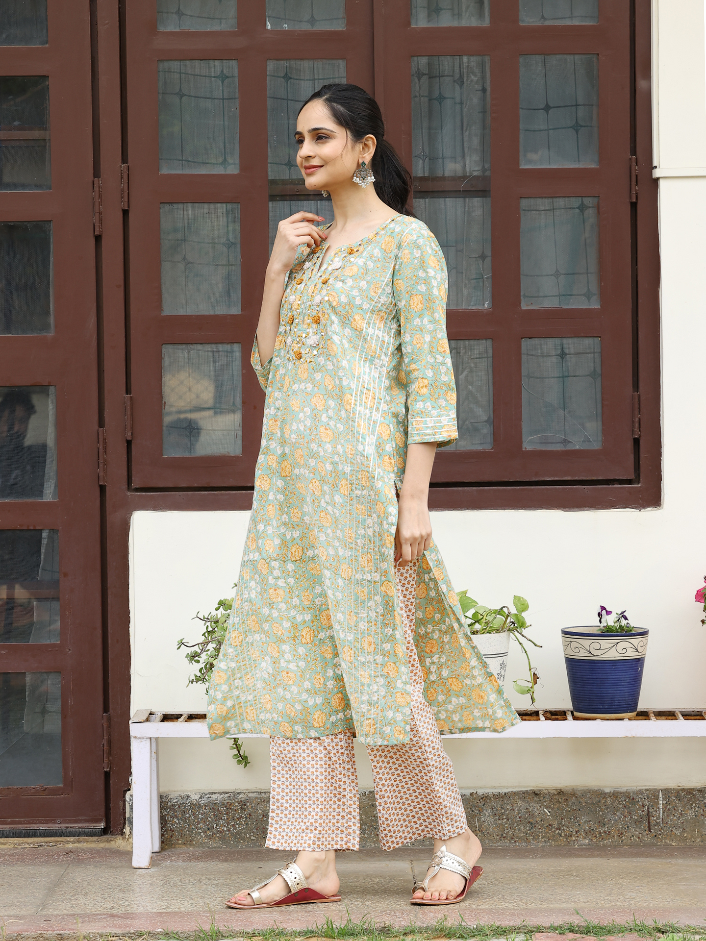 Light Green Hand Block Printed Straight Kurta Set with Thread Embroidery & Mirror Work