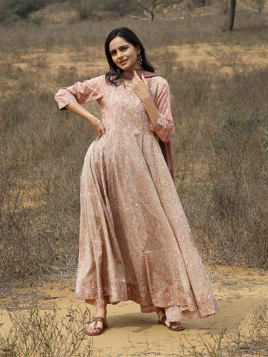 Light Brown Hand Block Cotton Printed Anarkali Kurta Set with Pant & Shiffon Dupatta