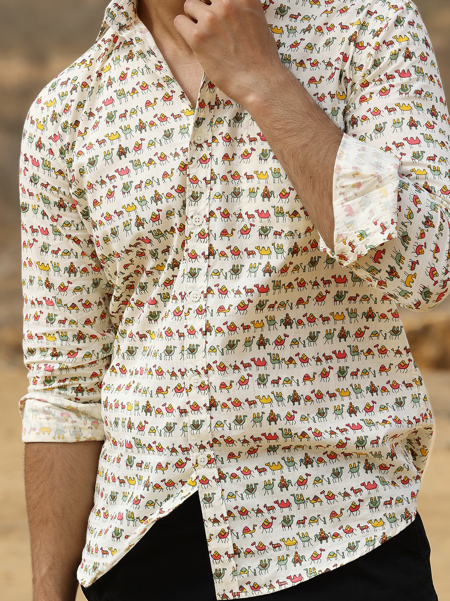 Full Sleeve HandBlocked Camel Printed Mens Cotton Shirt (Off White)