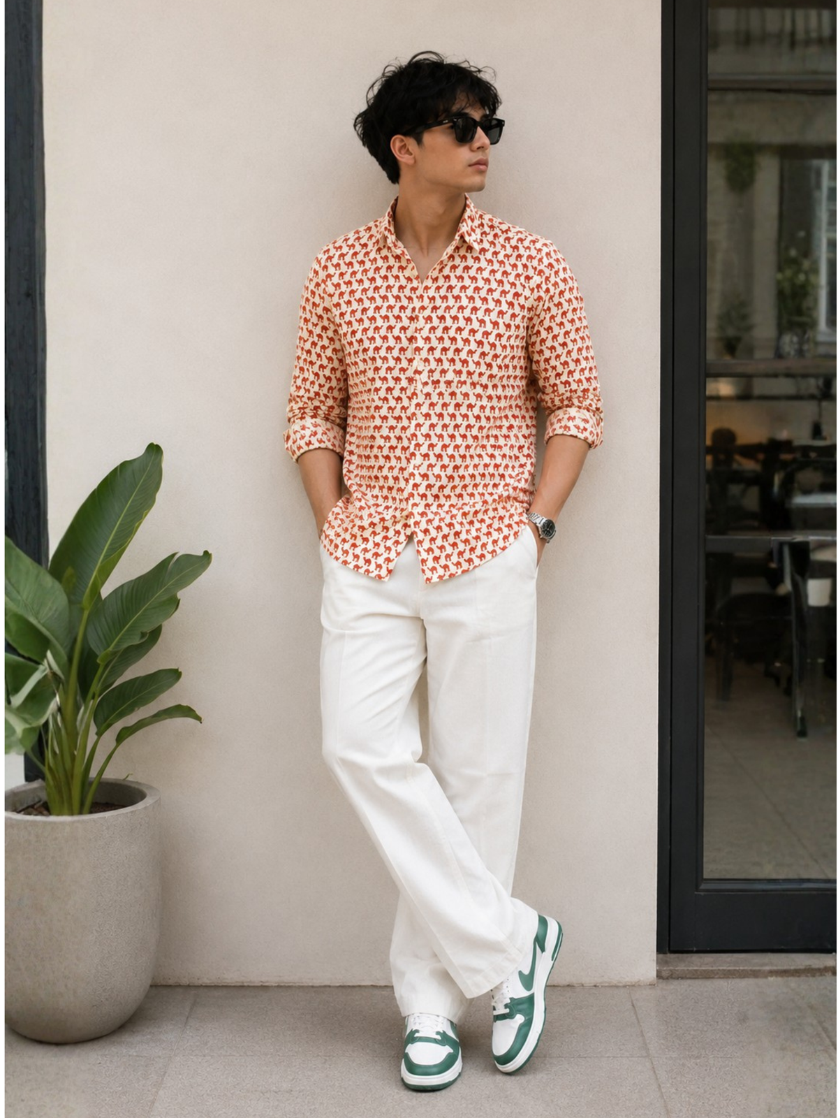 Full Sleeve Hand Block Camel Printed Mens Cotton Shirt (Red)