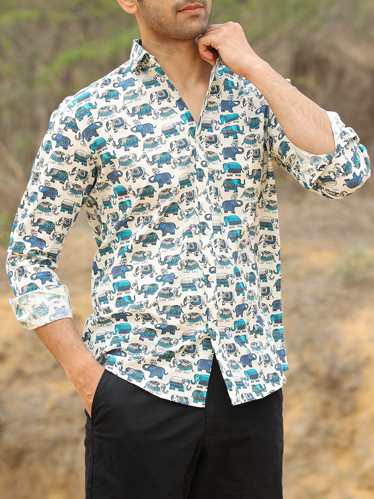 Full Sleeve Handblocked  Elephant Printed Mens Cotton Shirt (Blue)