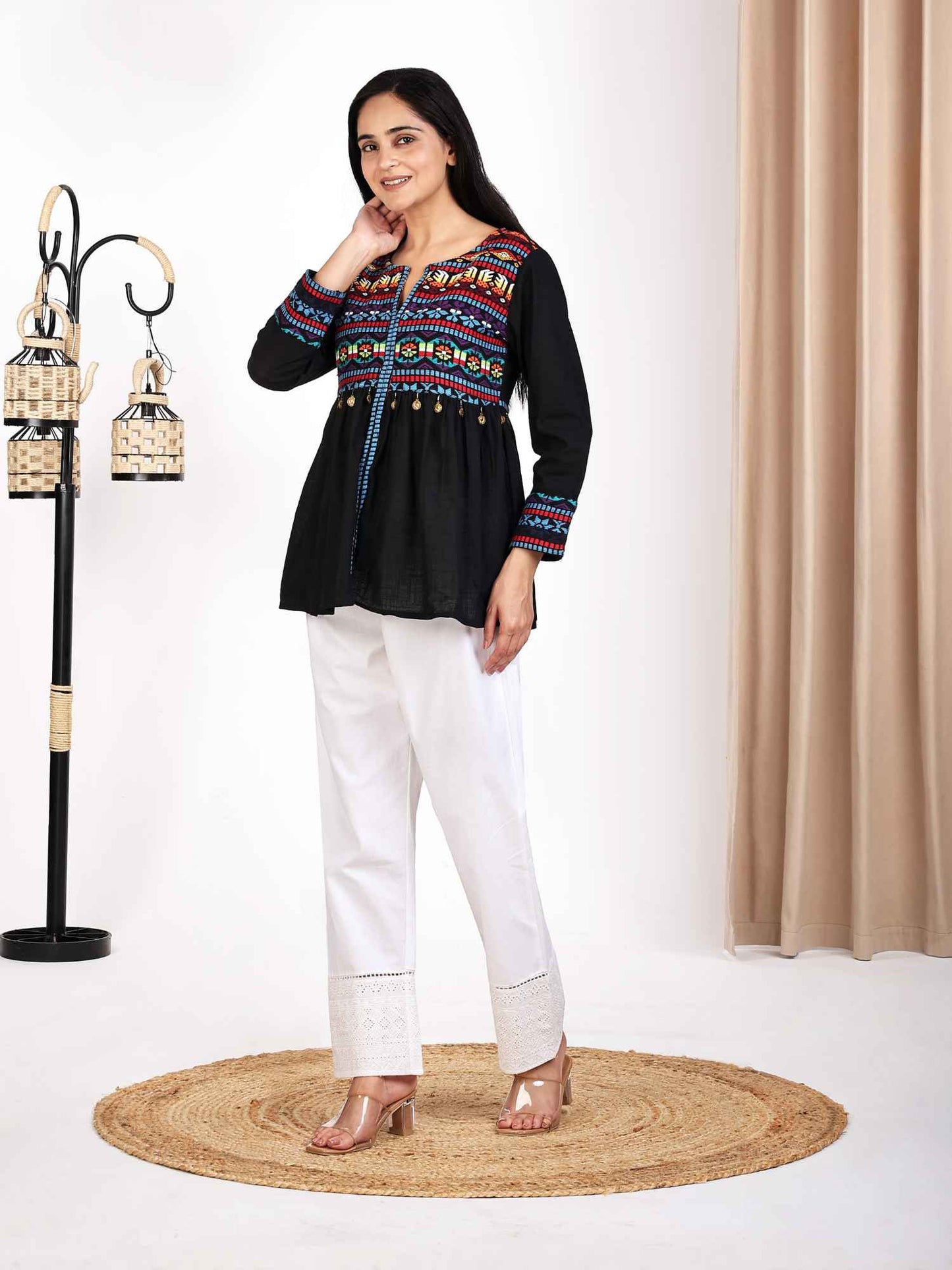 Black Jacquard Weave Peplum Top for Women Round V Neck