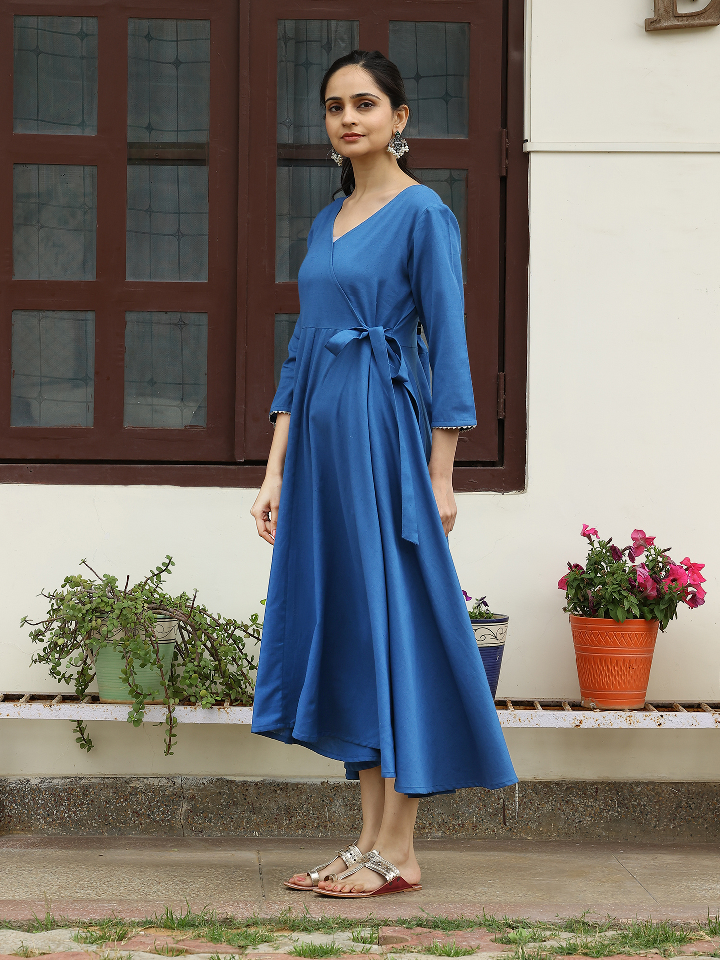 Royal Blue Solid Flared Dress with Bow