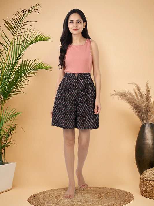 Black Hand Block Printed Shorts