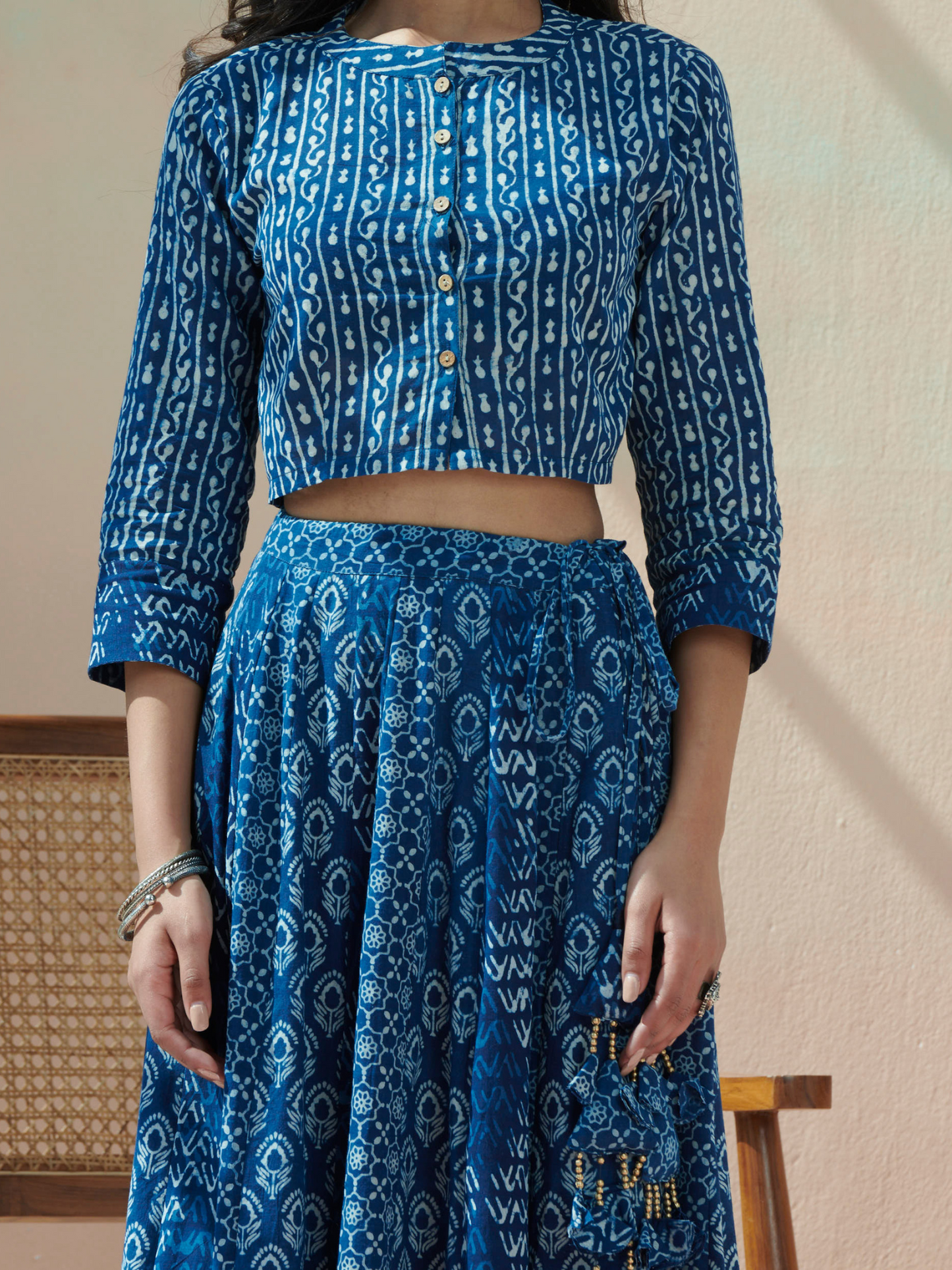 Blue Dabu Print Cotton Skirt and Top Set