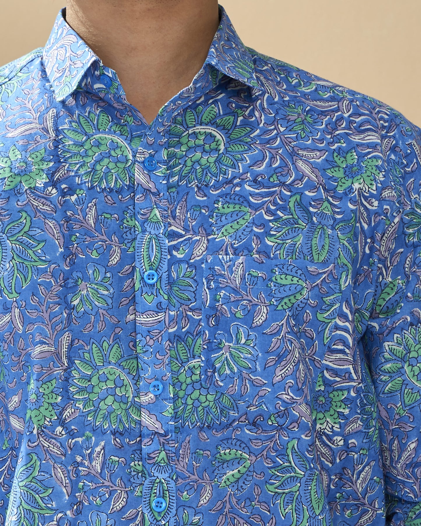 Blue Cotton Handblocked Printed Shirt