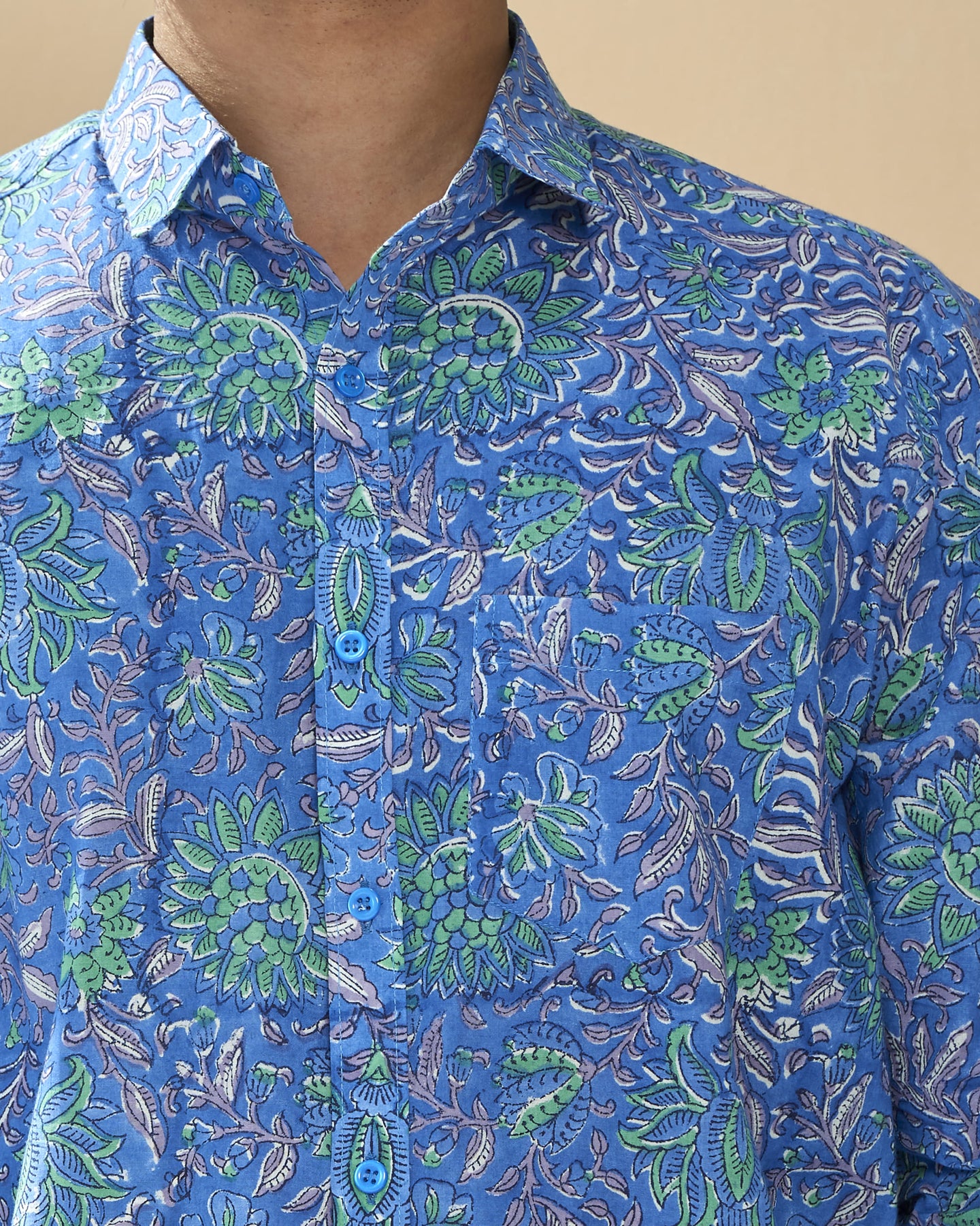 Blue Full Sleeve Cotton Hand Block Printed Men’s Shirt