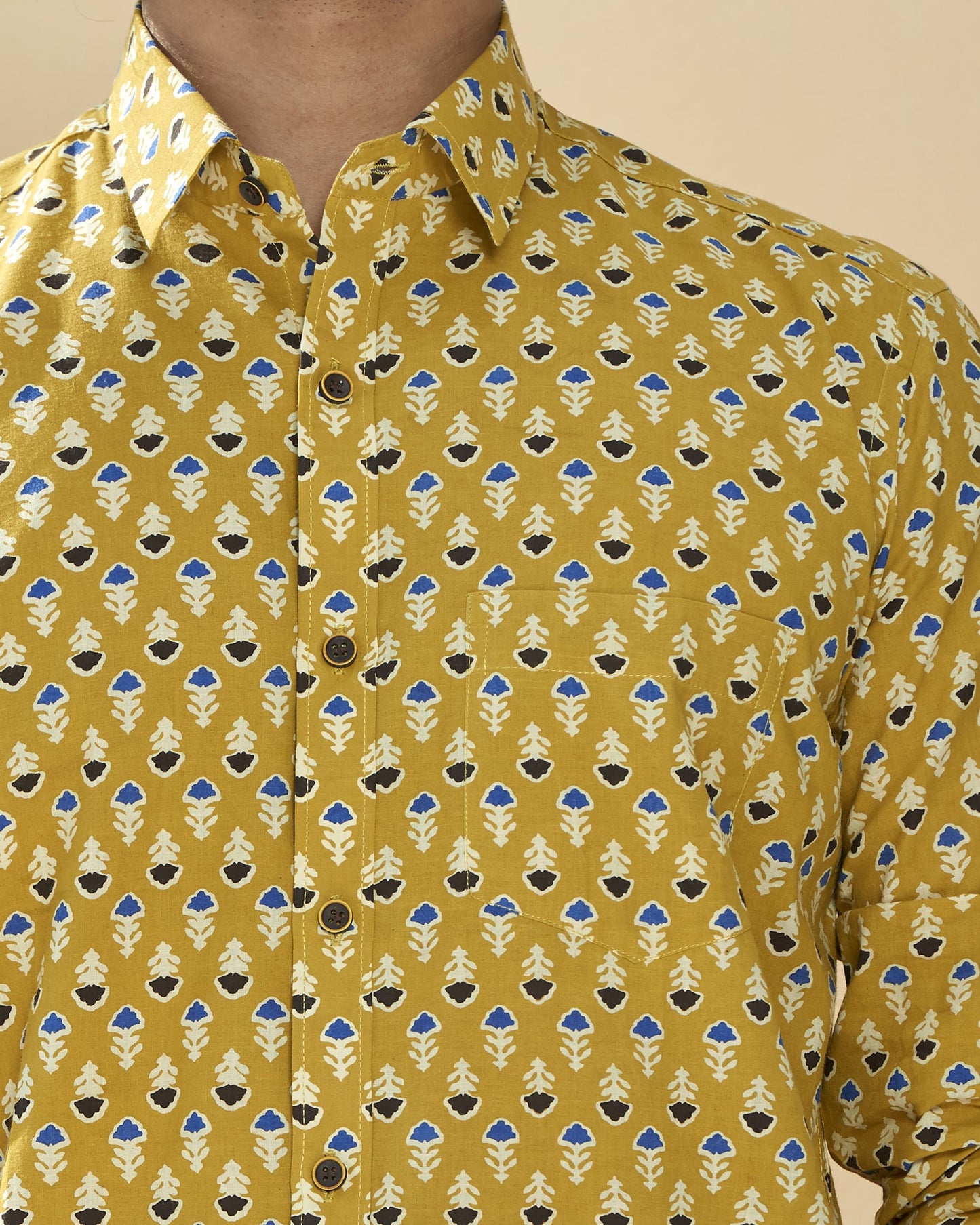 Mustered Yellow Cotton Handblocked Printed Shirt