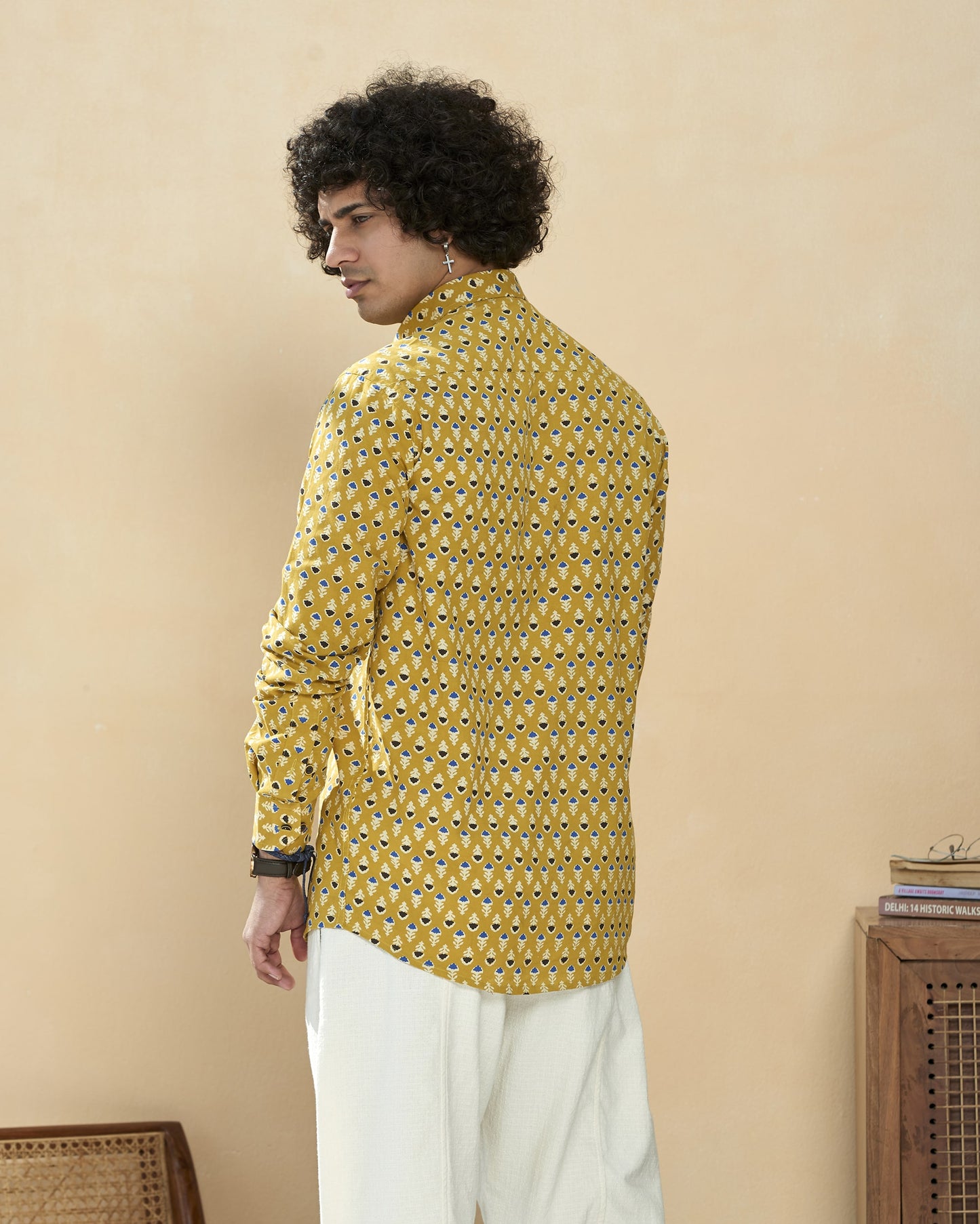 Mustered Yellow Cotton Handblocked Printed Shirt