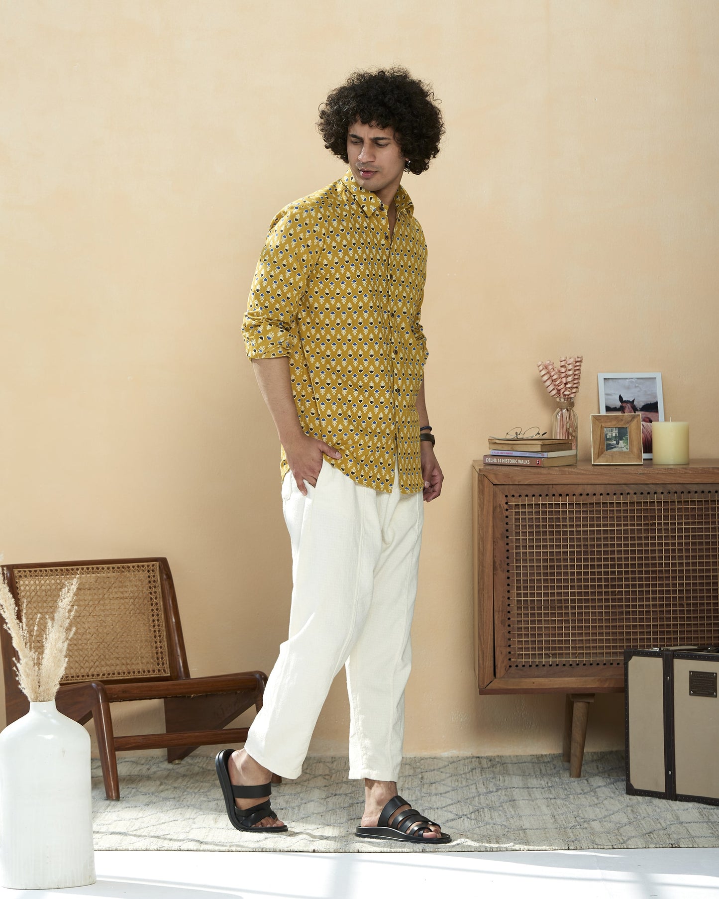 Mustered Yellow Cotton Handblocked Printed Shirt