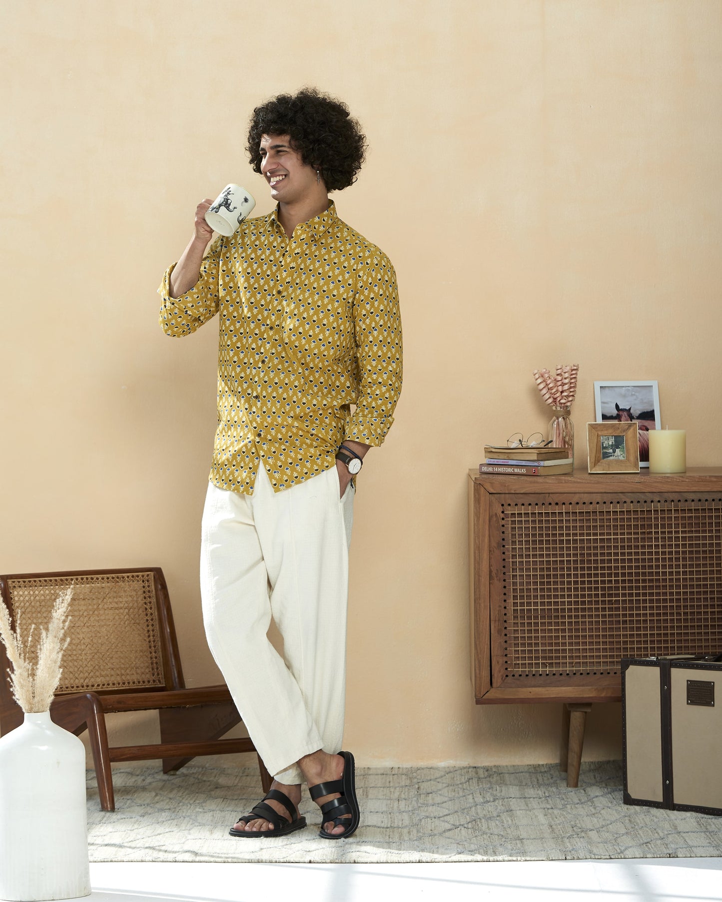 Mustered Yellow Cotton Handblocked Printed Shirt