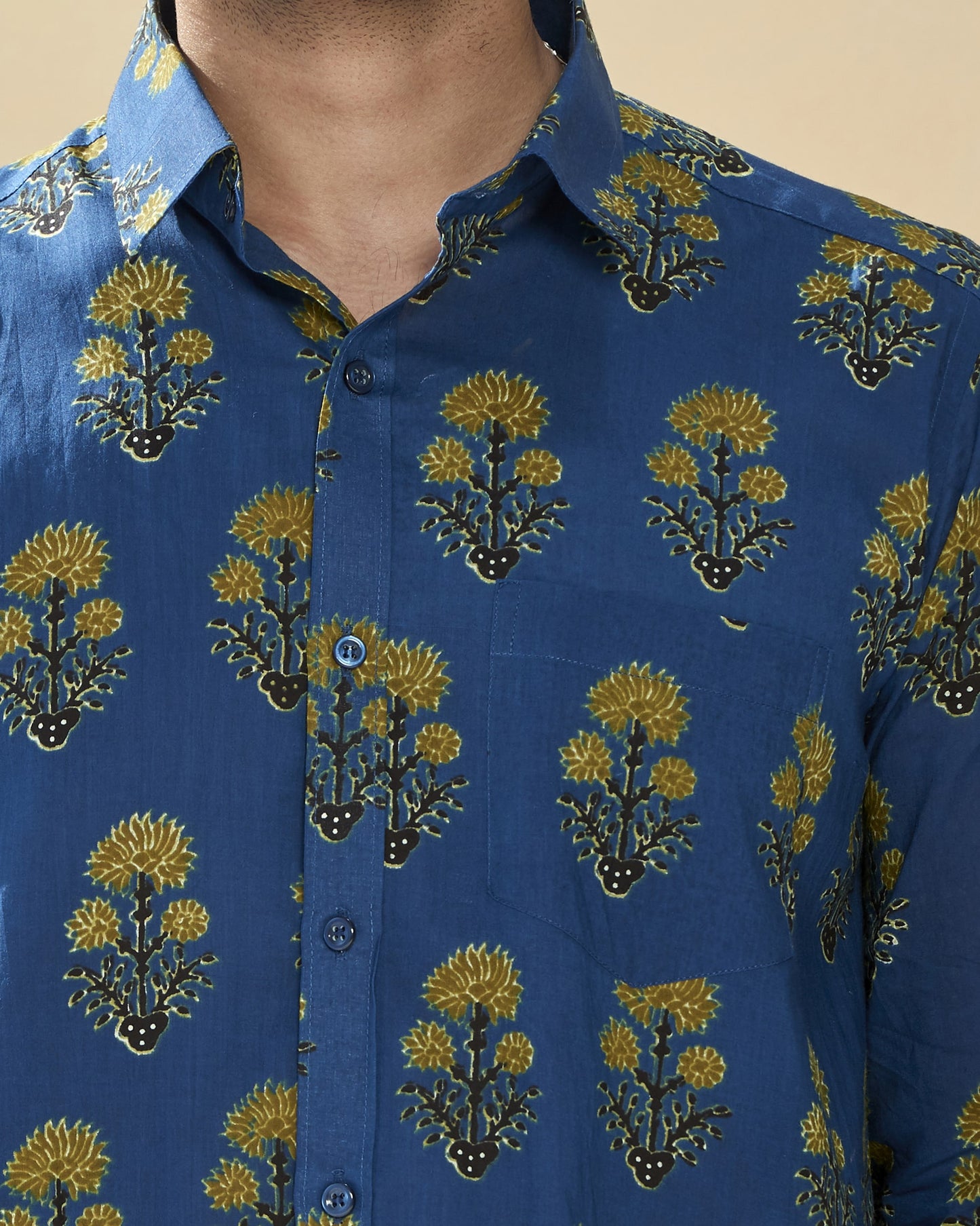 Blue Cotton Handblocked Printed Shirt