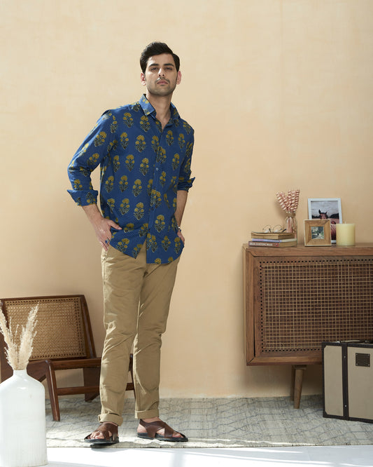 Blue Cotton Handblocked Printed Shirt