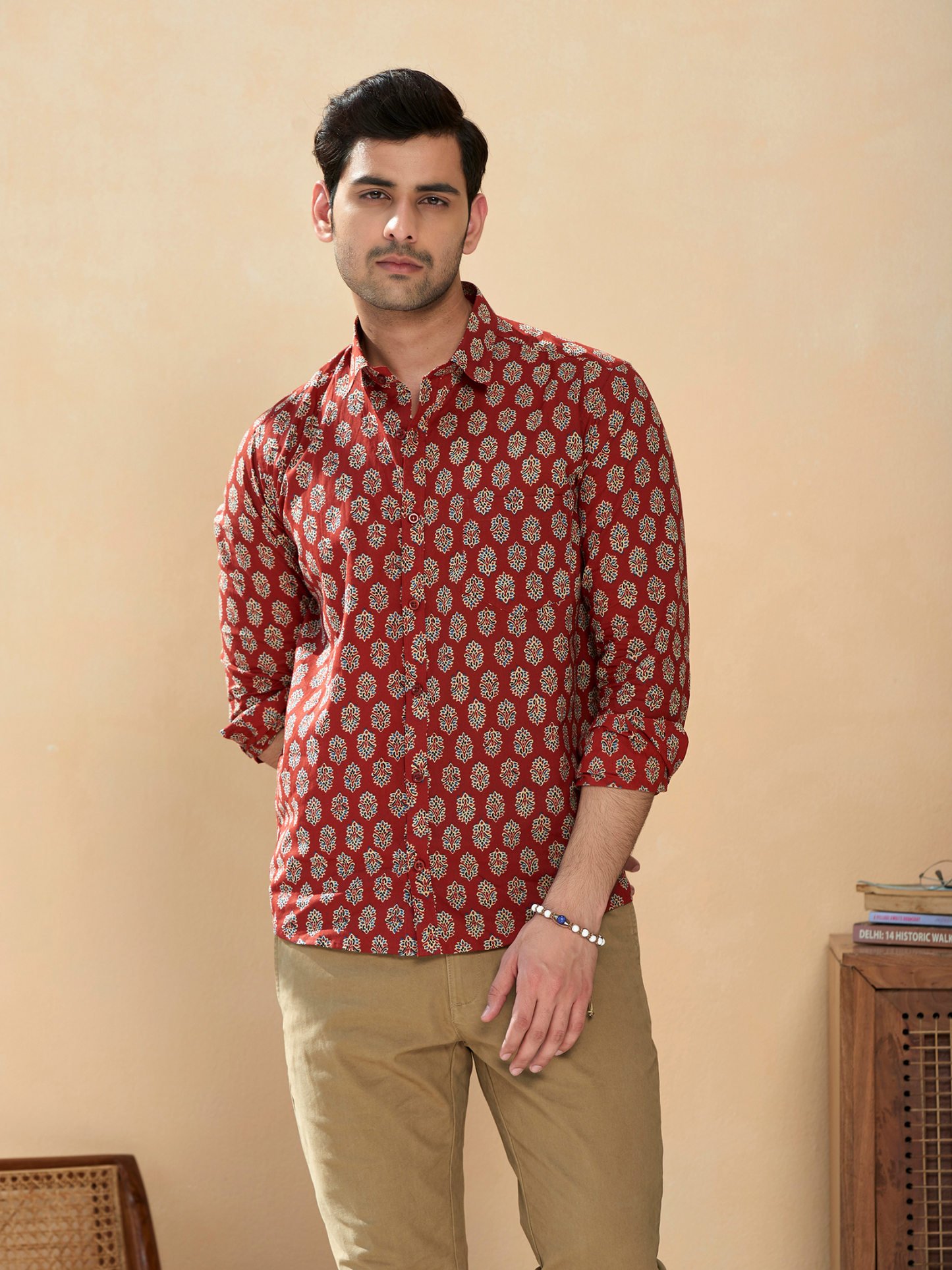 Full Sleeve Printed Mens Cotton Shirt (Red)