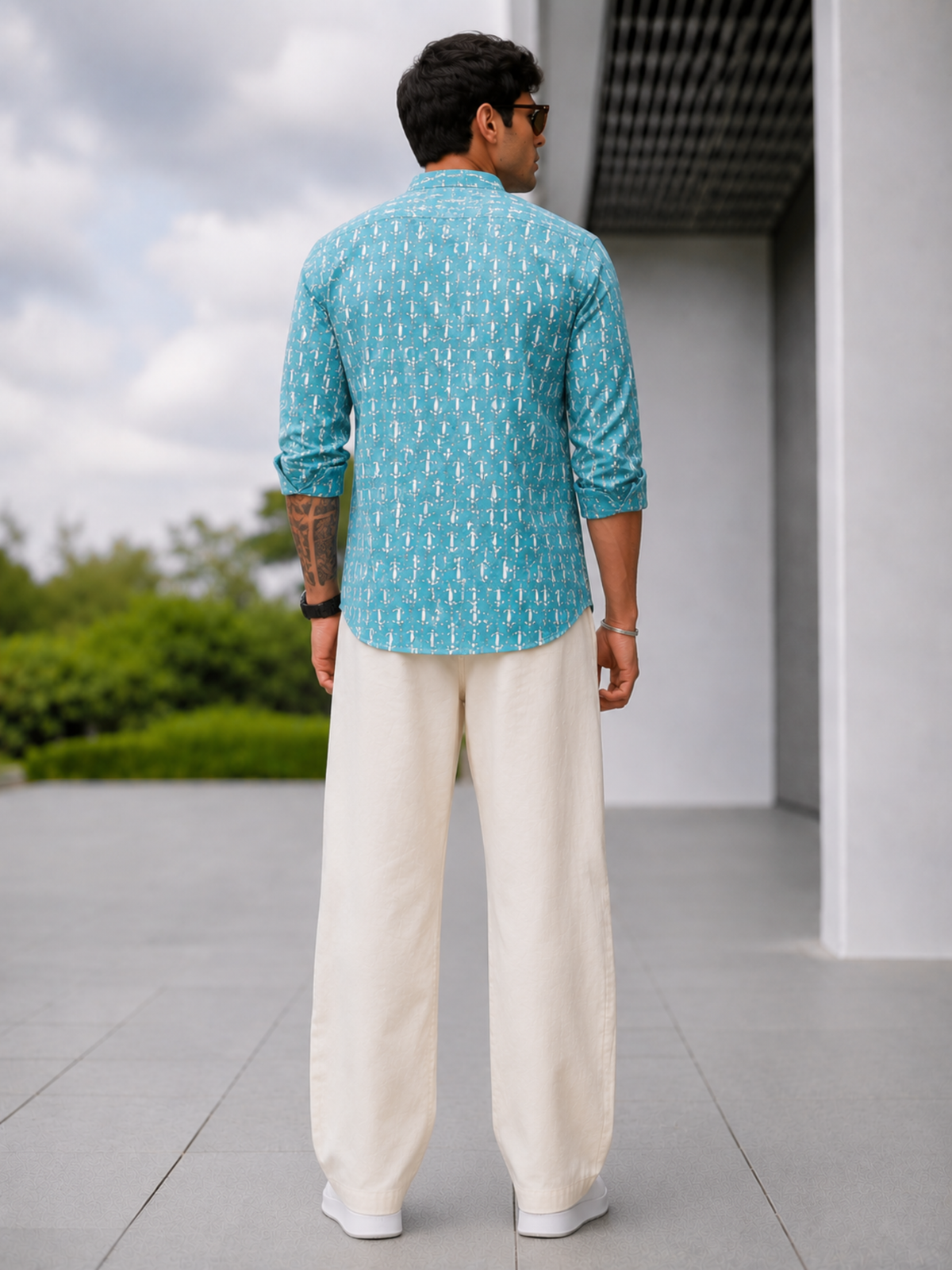 Handblock Printed Mens Cotton Short Kurta Style Shirt  (Blue)