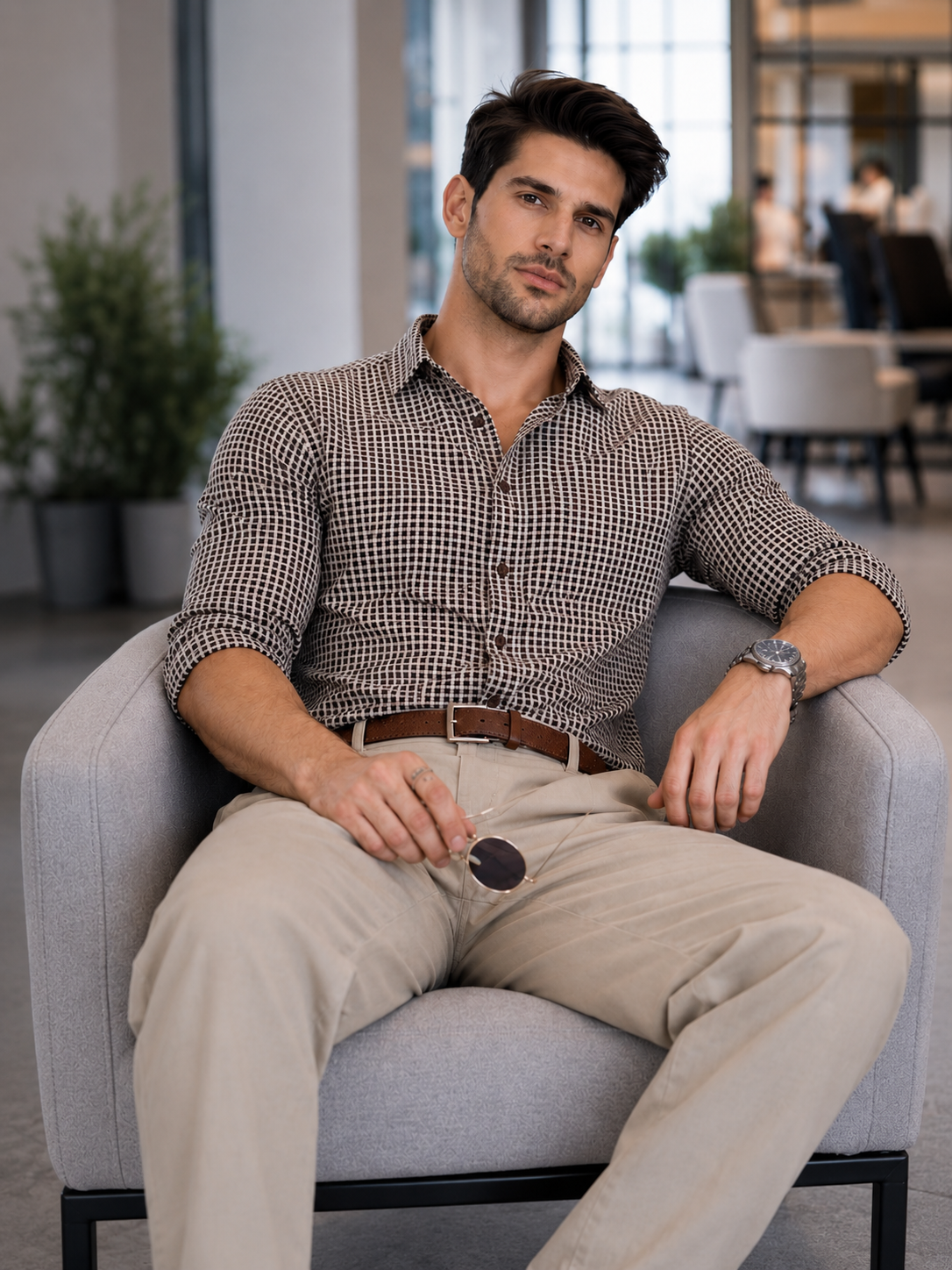 Full Sleeve Checkhered Printed Mens Cotton Shirt (Baige)