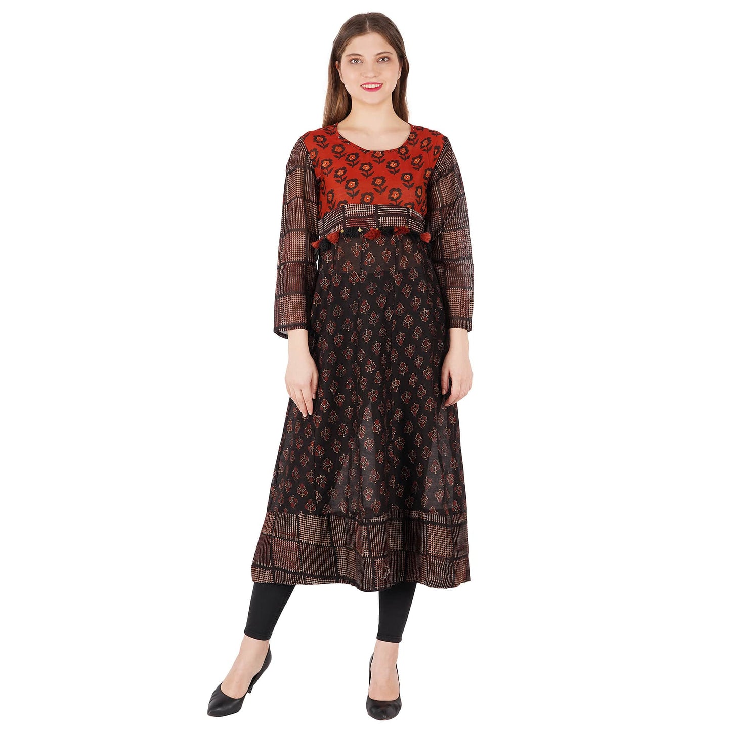 Handblocked Chanderi Printed Kurta With Colorful Tussel