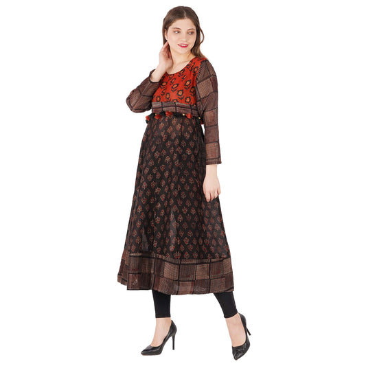 Handblocked Chanderi Printed Kurta With Colorful Tussel