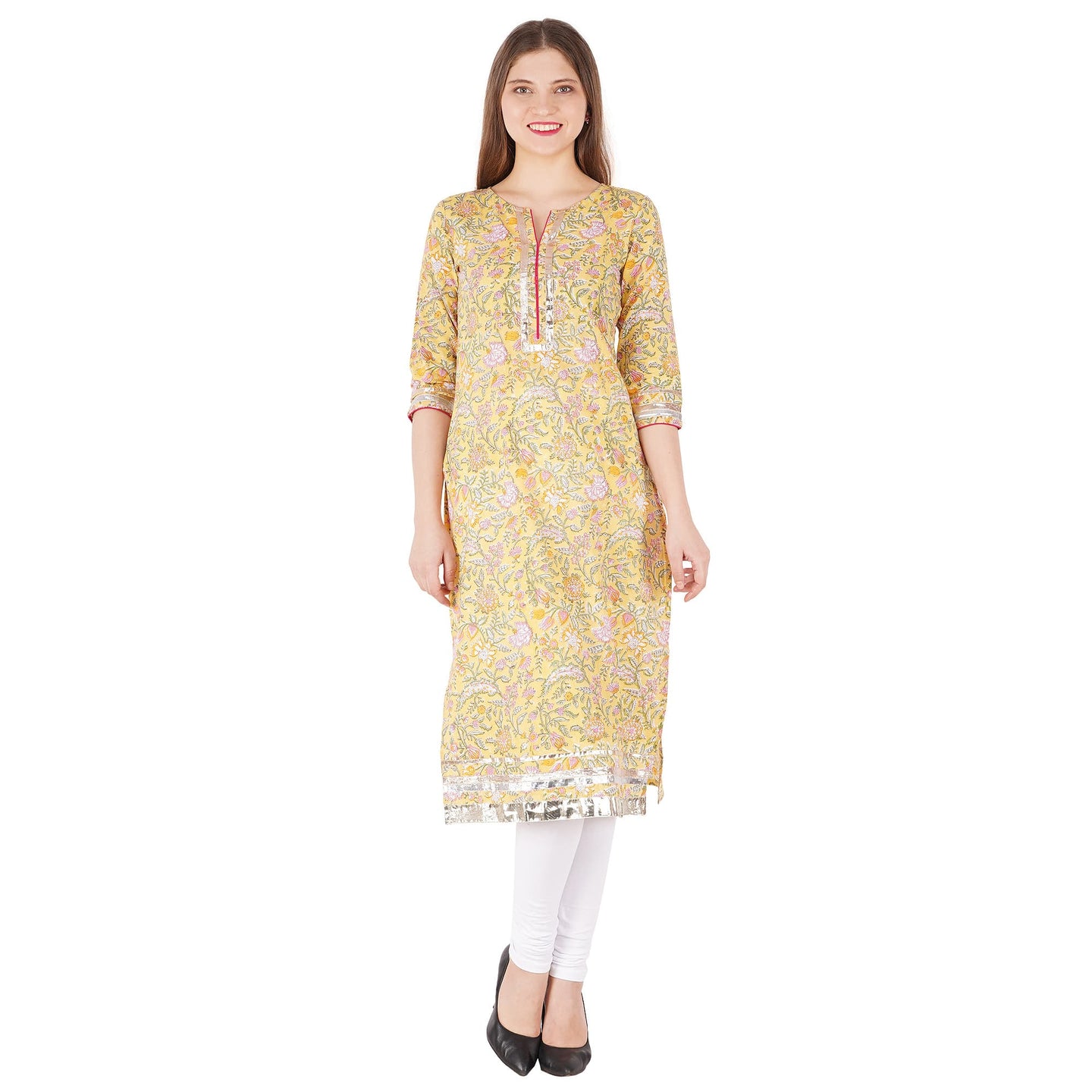 Floral Printed Straight Kurta With Gotta Lace