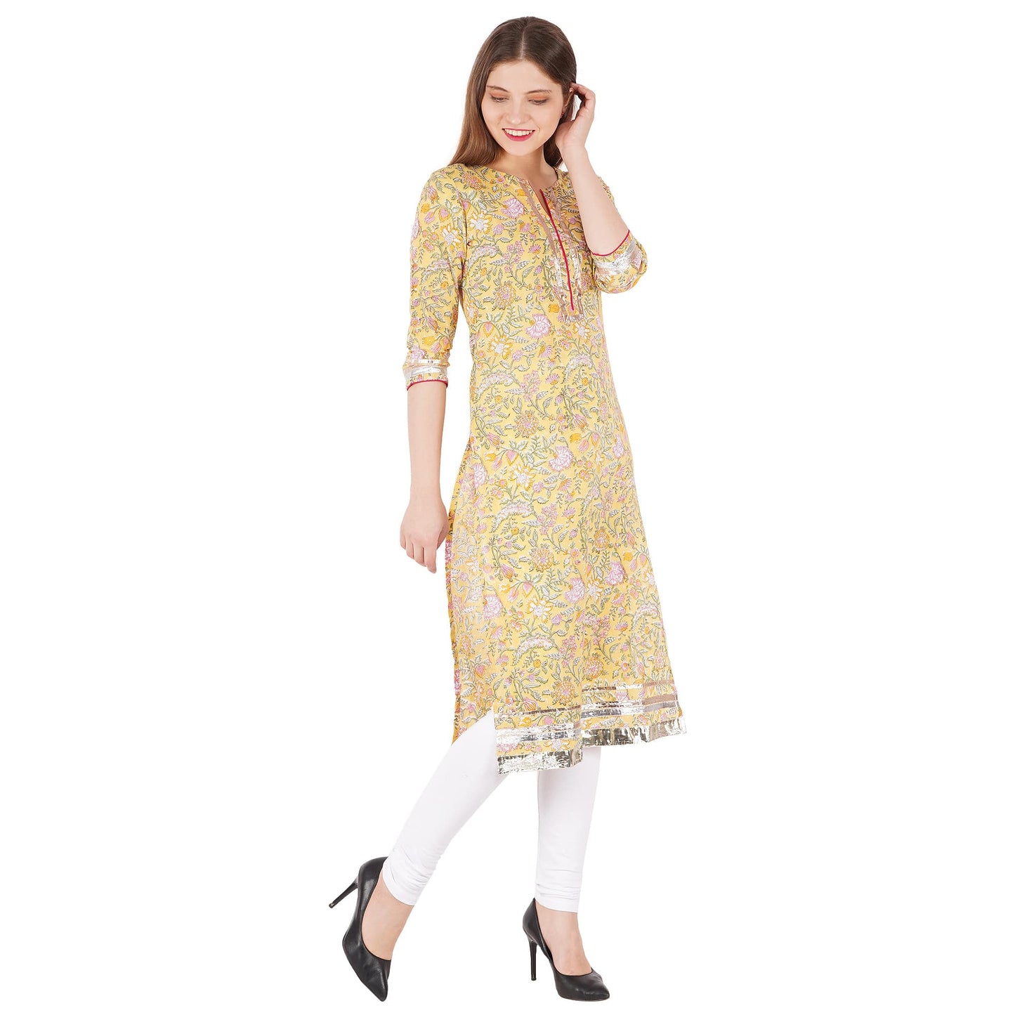 Floral Printed Straight Kurta With Gotta Lace