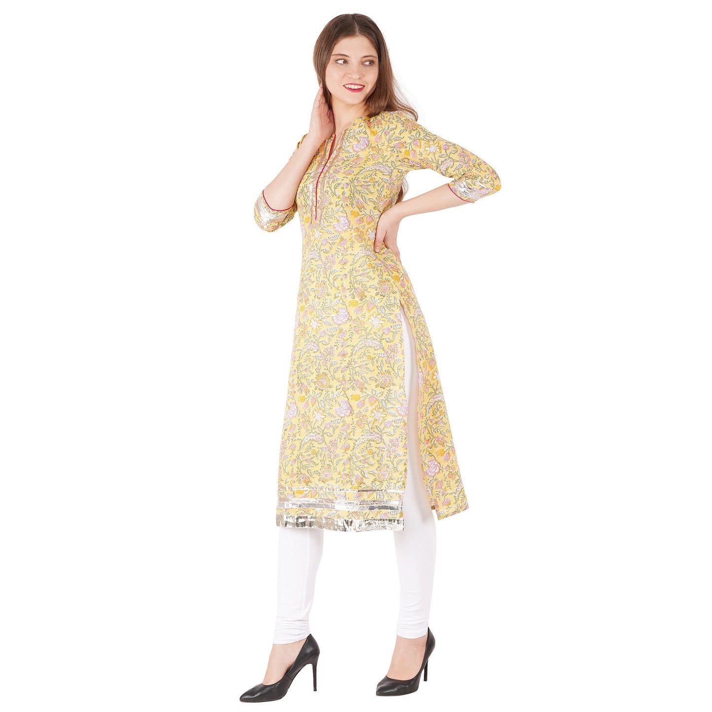 Floral Printed Straight Kurta With Gotta Lace