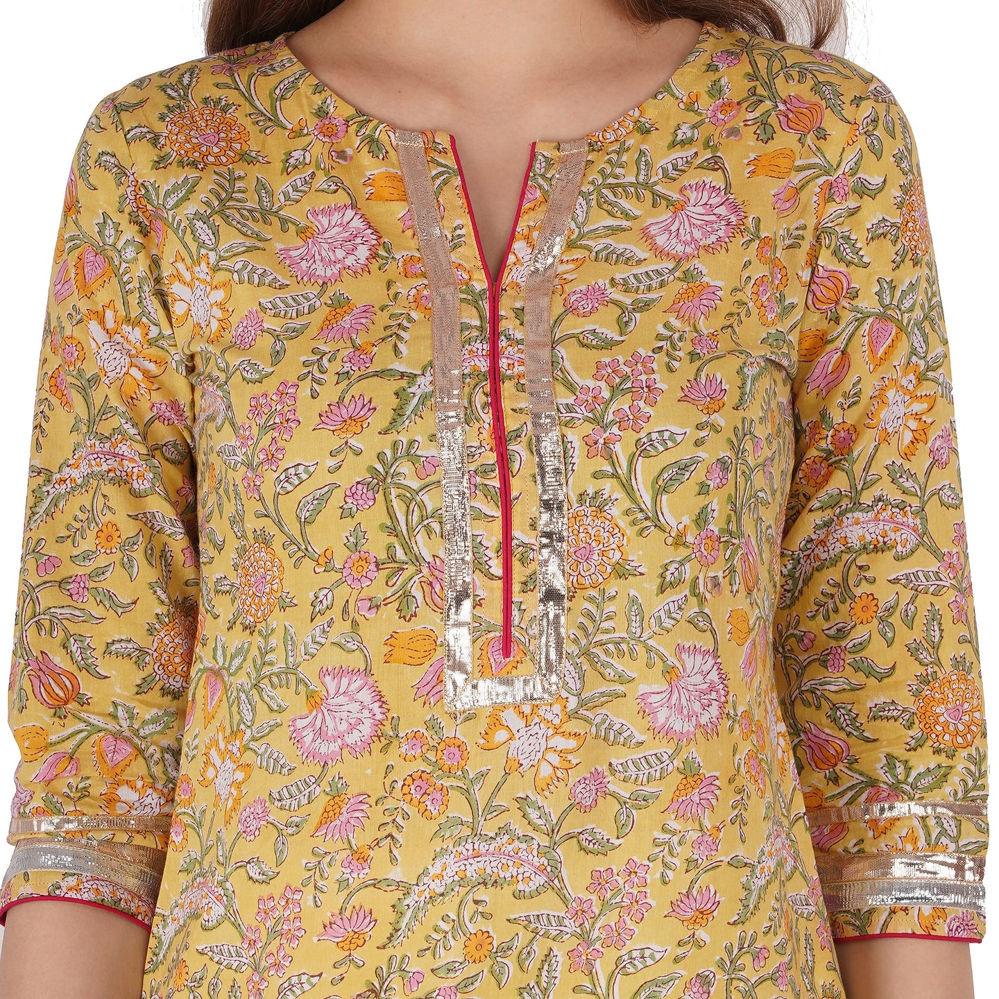 Floral Printed Straight Kurta With Gotta Lace