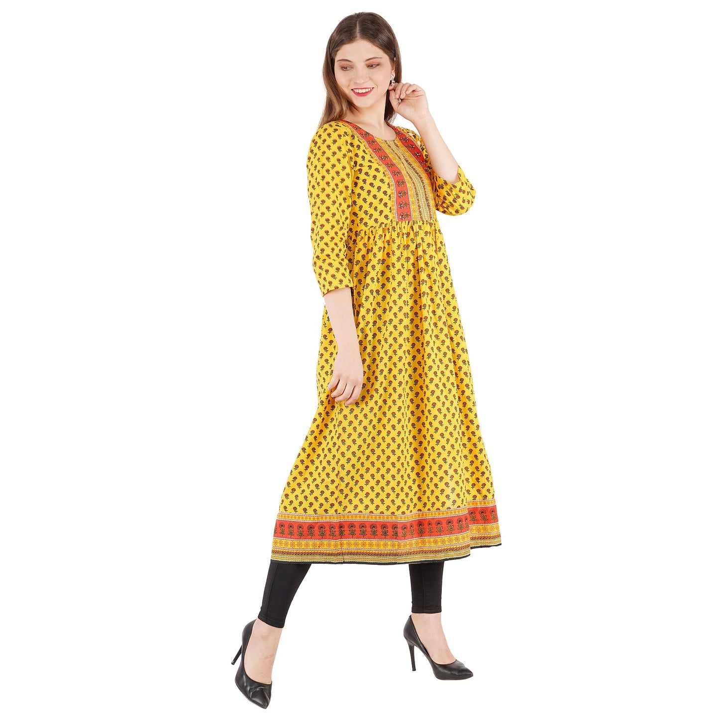 Handblocked Side Slit Kurta With Seqin Emb At Yoke