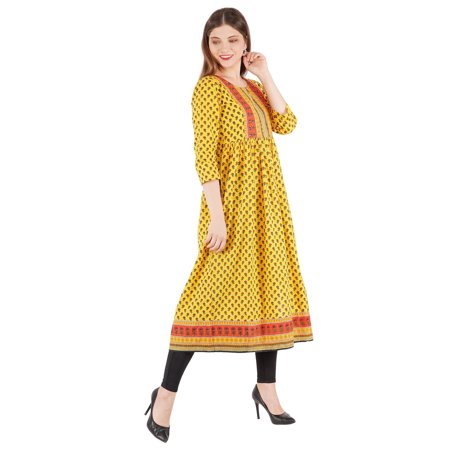 Hand Block Side Slit Kurta With Seqin Emb At Yoke