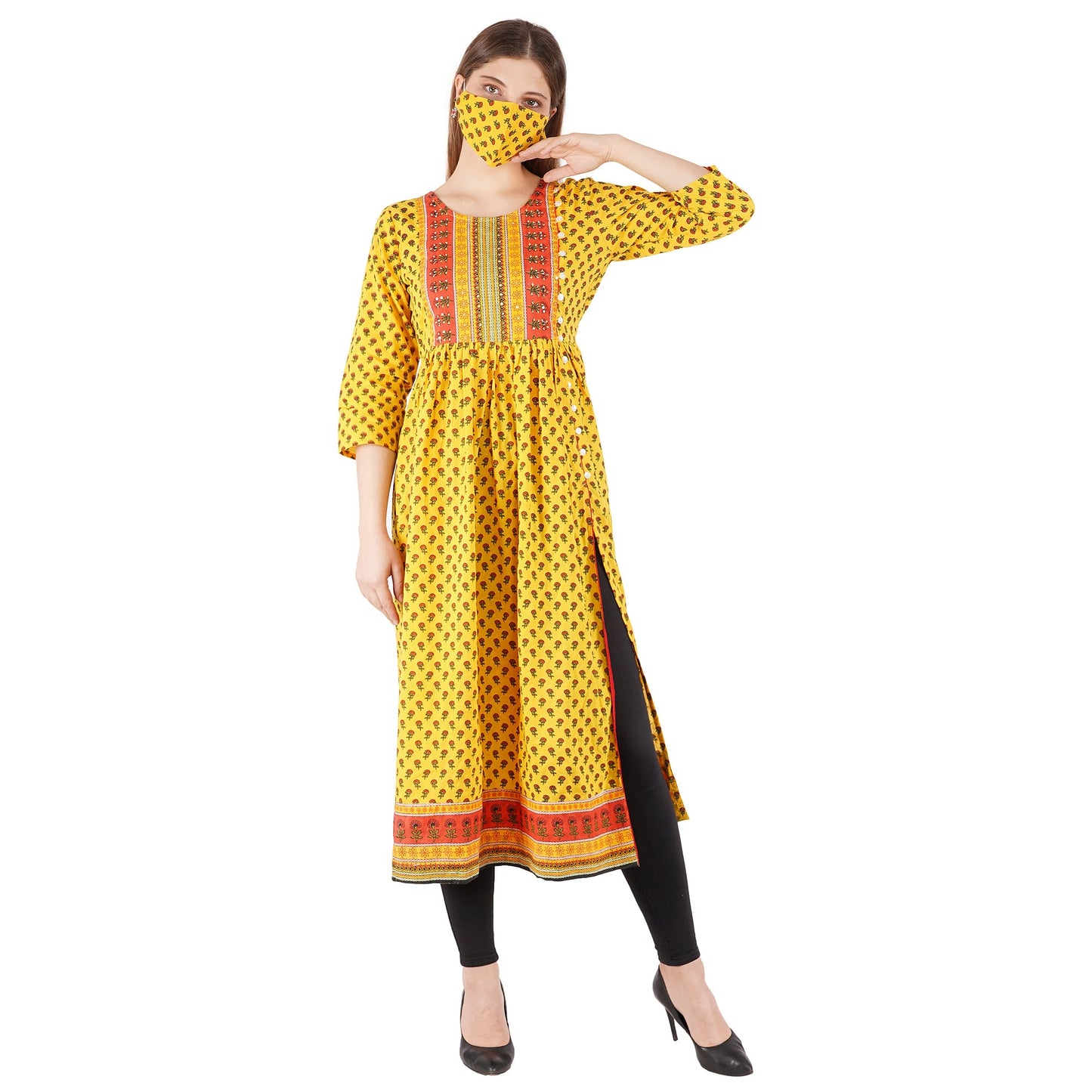 Handblocked Side Slit Kurta With Seqin Emb At Yoke