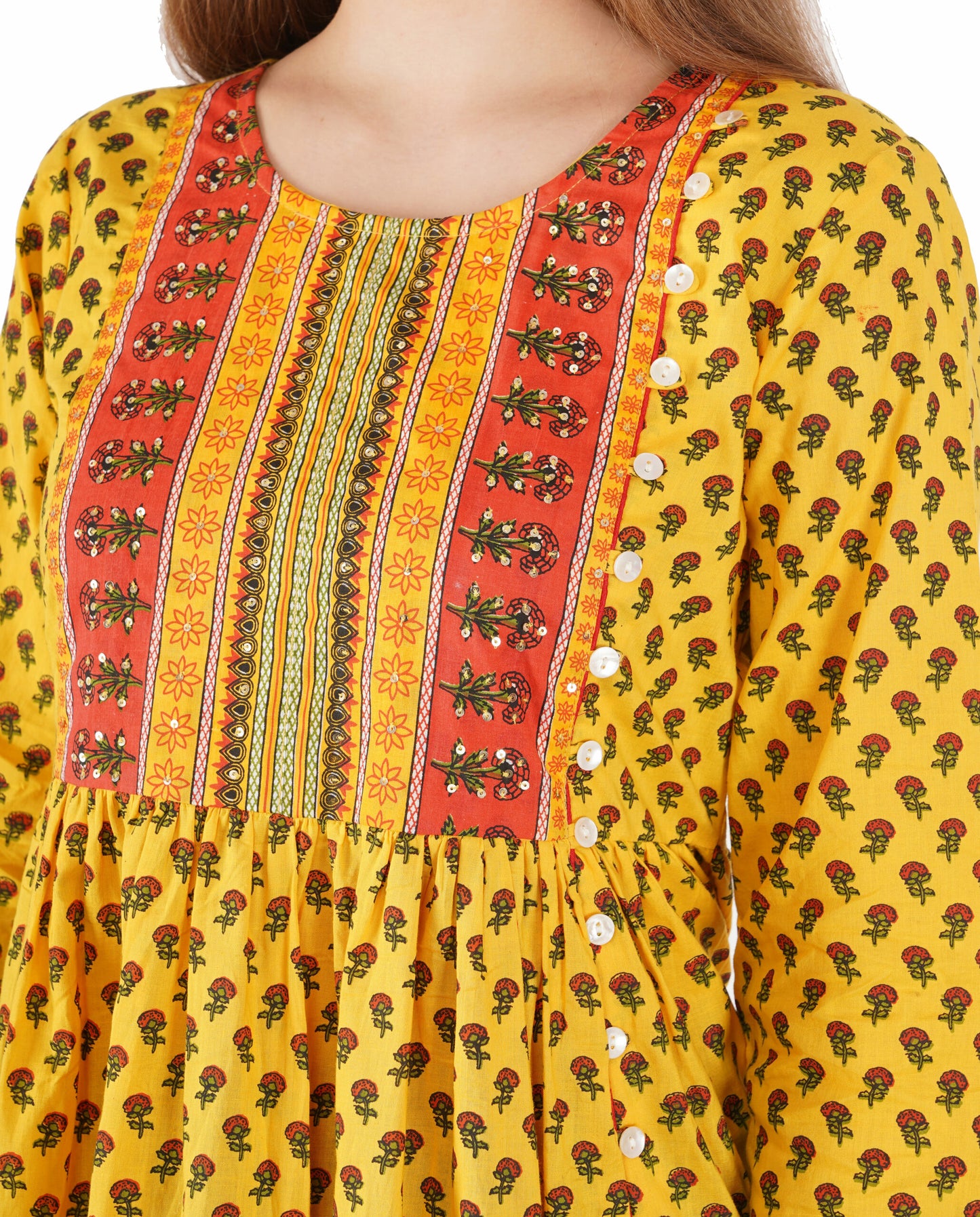 Handblocked Side Slit Kurta With Seqin Emb At Yoke