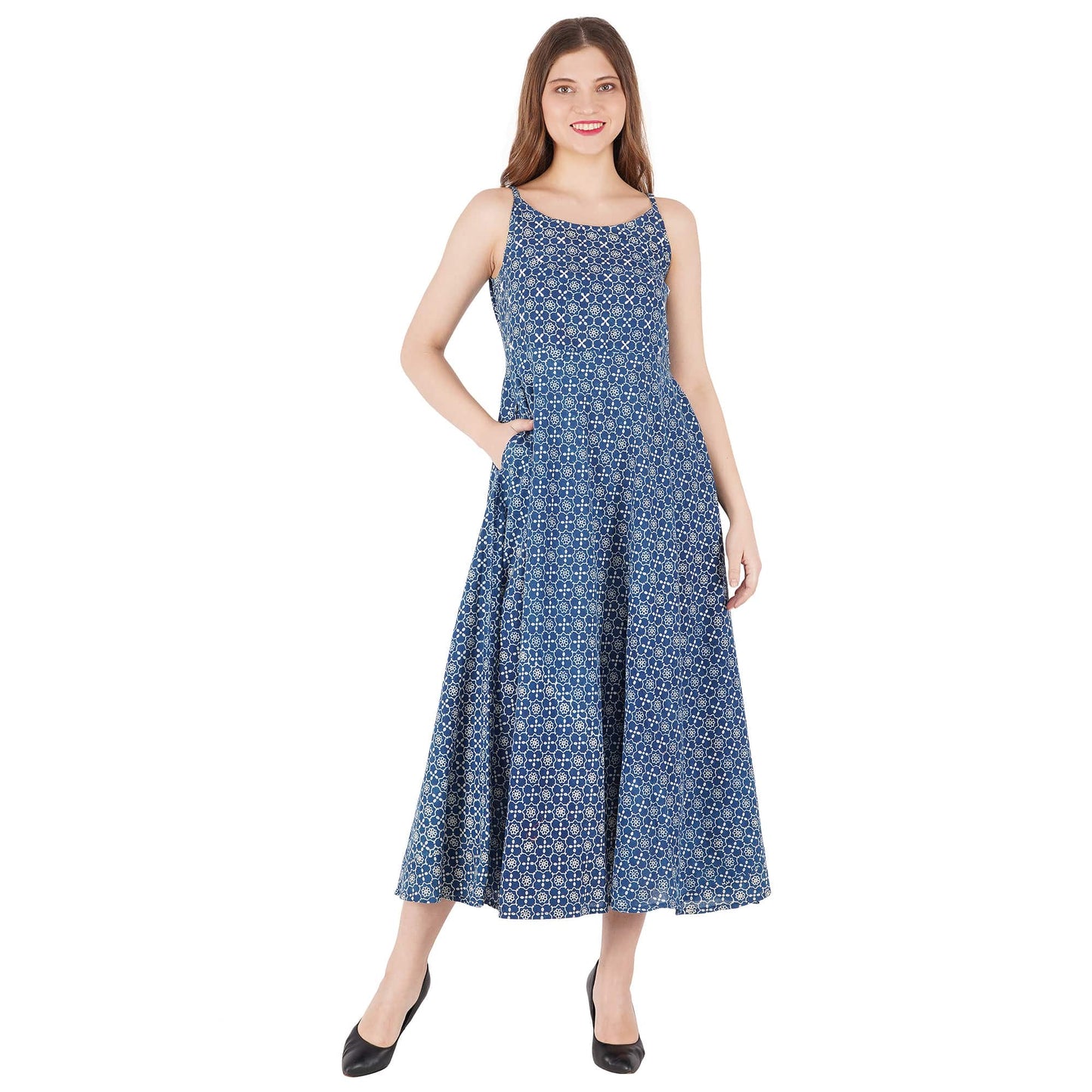 Handblocked Indigo Printed Dress With Hand Emb At Yoke