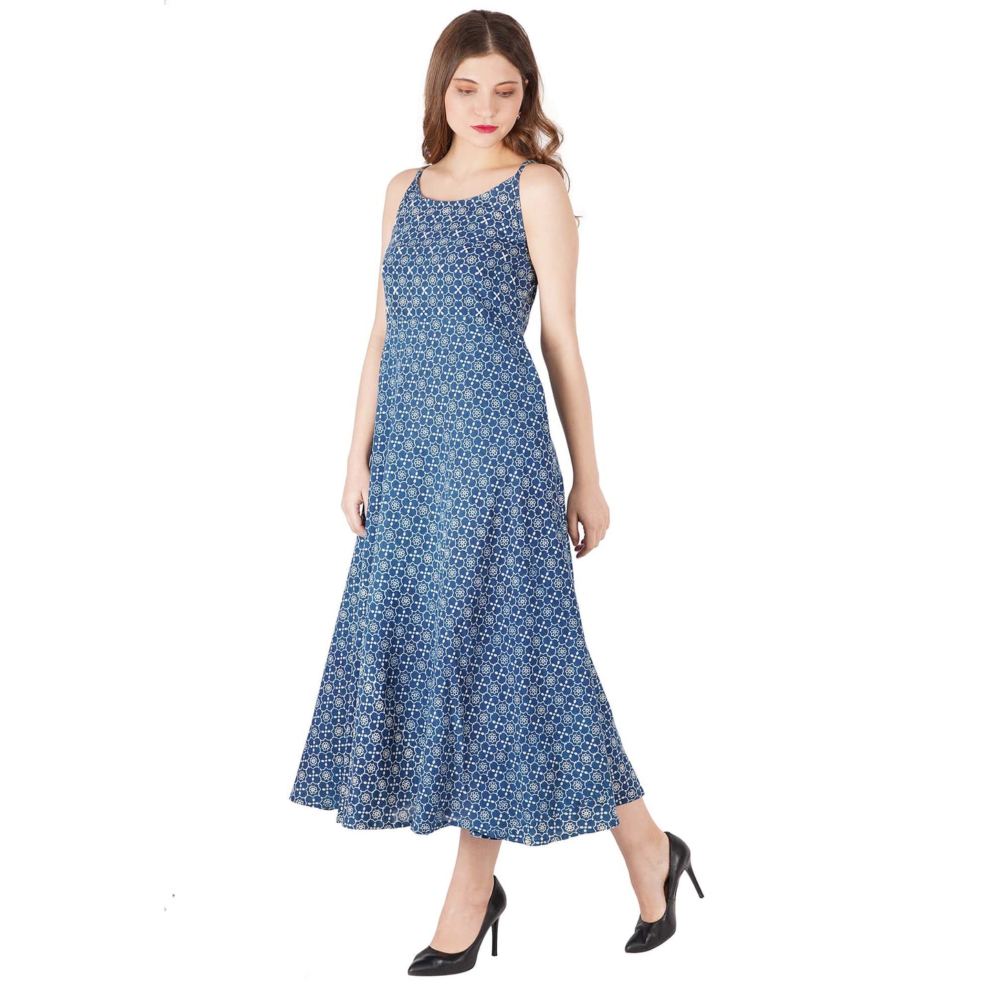 Handblocked Indigo Printed Dress With Hand Emb At Yoke