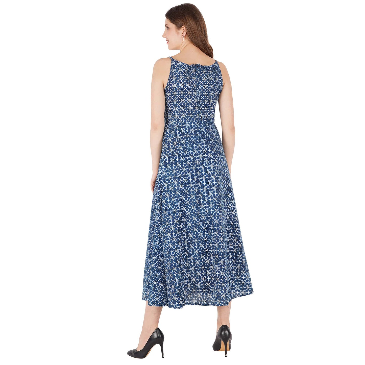 Handblocked Indigo Printed Dress With Hand Emb At Yoke