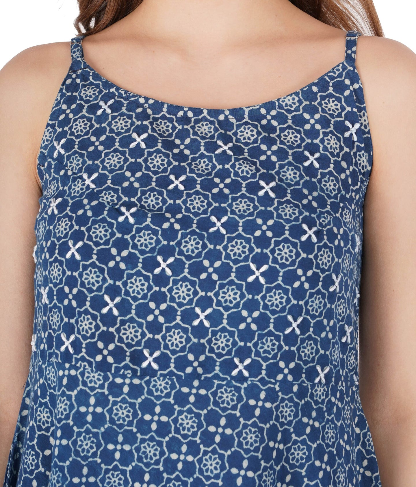 Indigo Cotton Hand Block Printed Dress With Hand Emb At Yoke