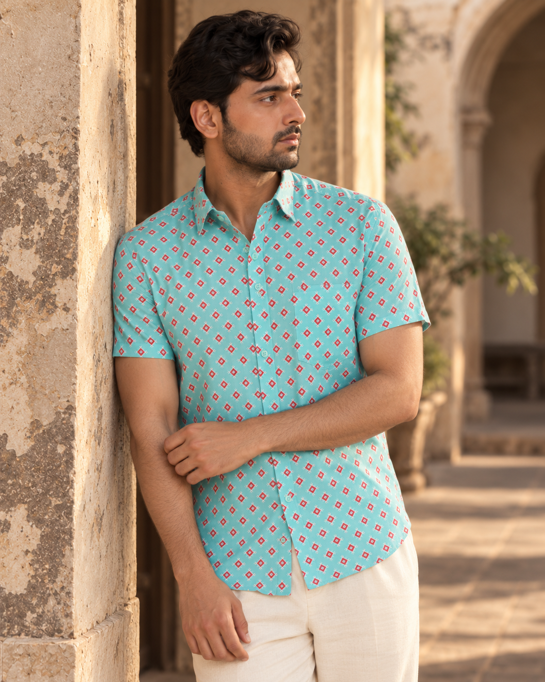 Aqua blue Short Sleeve Cotton Hand Block Printed Men’s Shirt
