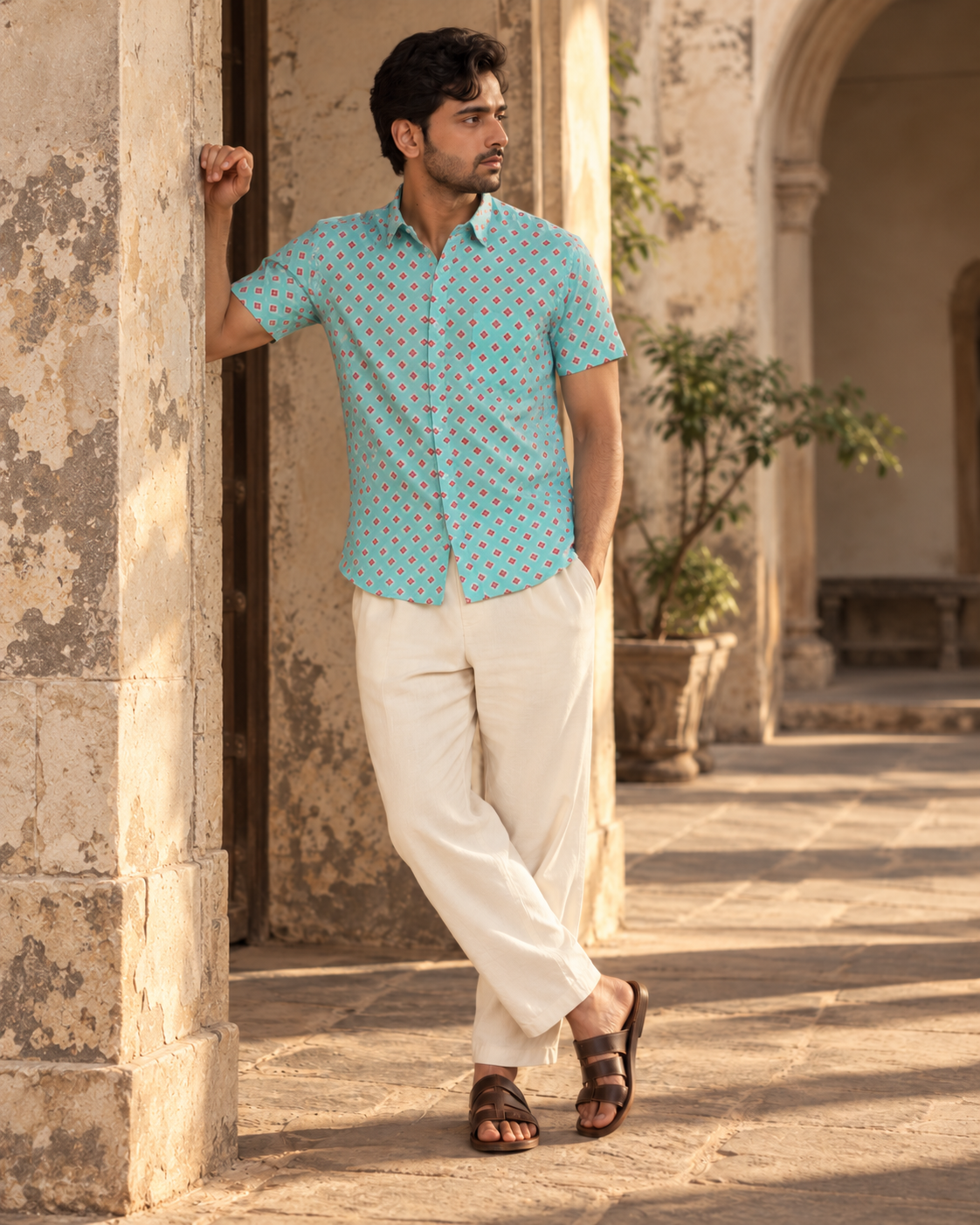 Aqua blue Short Sleeve Cotton Hand Block Printed Men’s Shirt