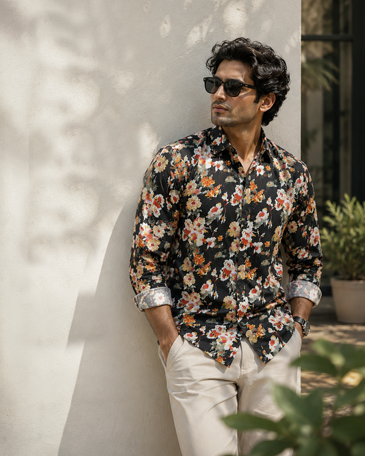 Full Sleeves Black Crepe Casual Printed Men's Shirt