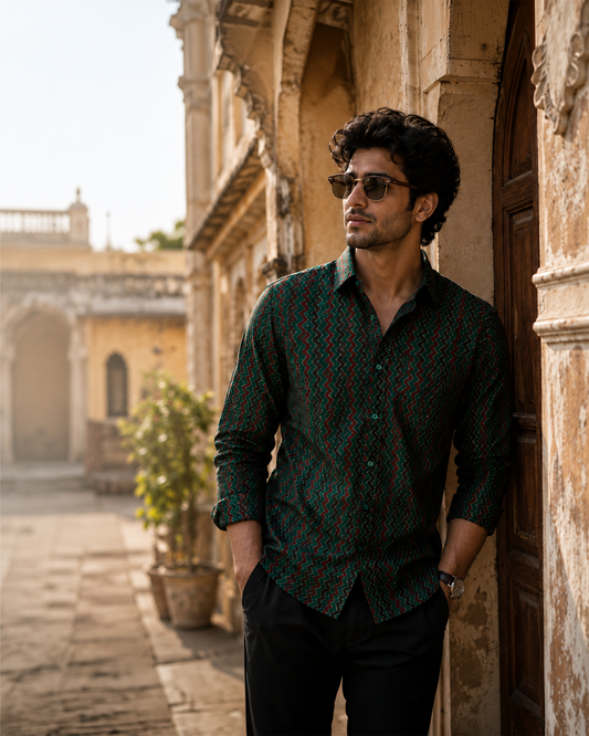 Green Cotton Hand Block Printed Men's Shirt