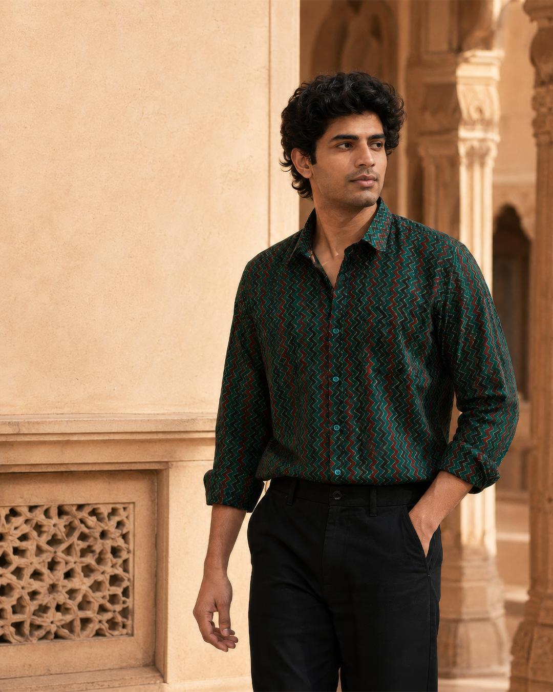 Green Cotton Hand Block Printed Men's Shirt