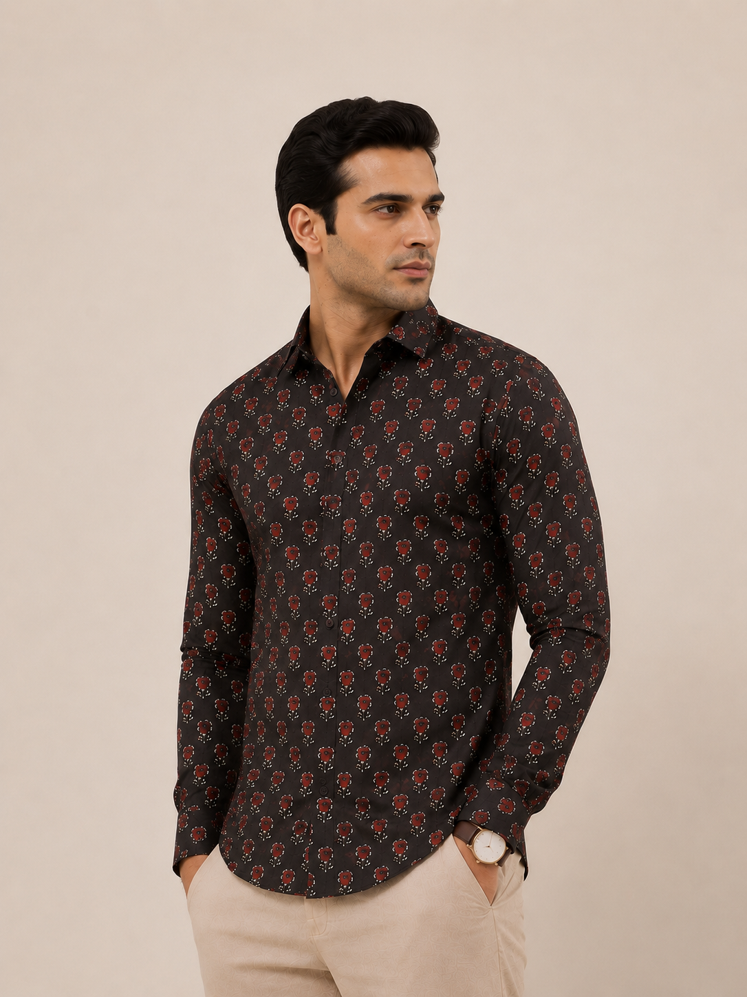 Black Full Sleeve Cotton Hand Block Printed Men's Shirt