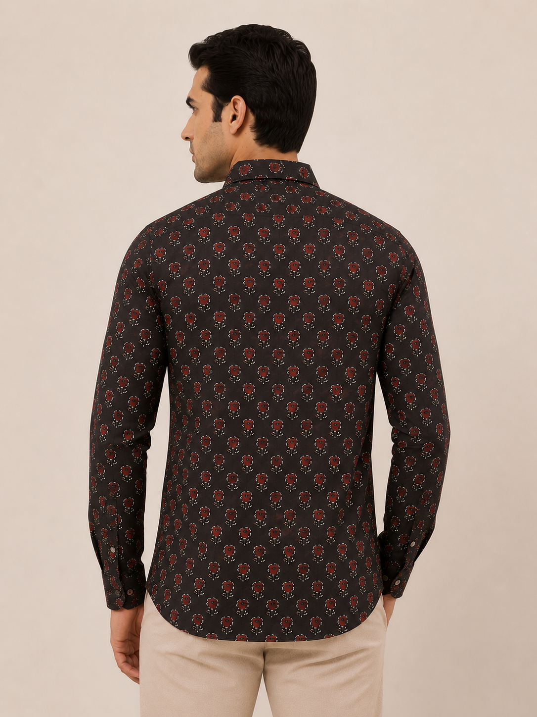 Black Full Sleeve Cotton Hand Block Printed Men's Shirt
