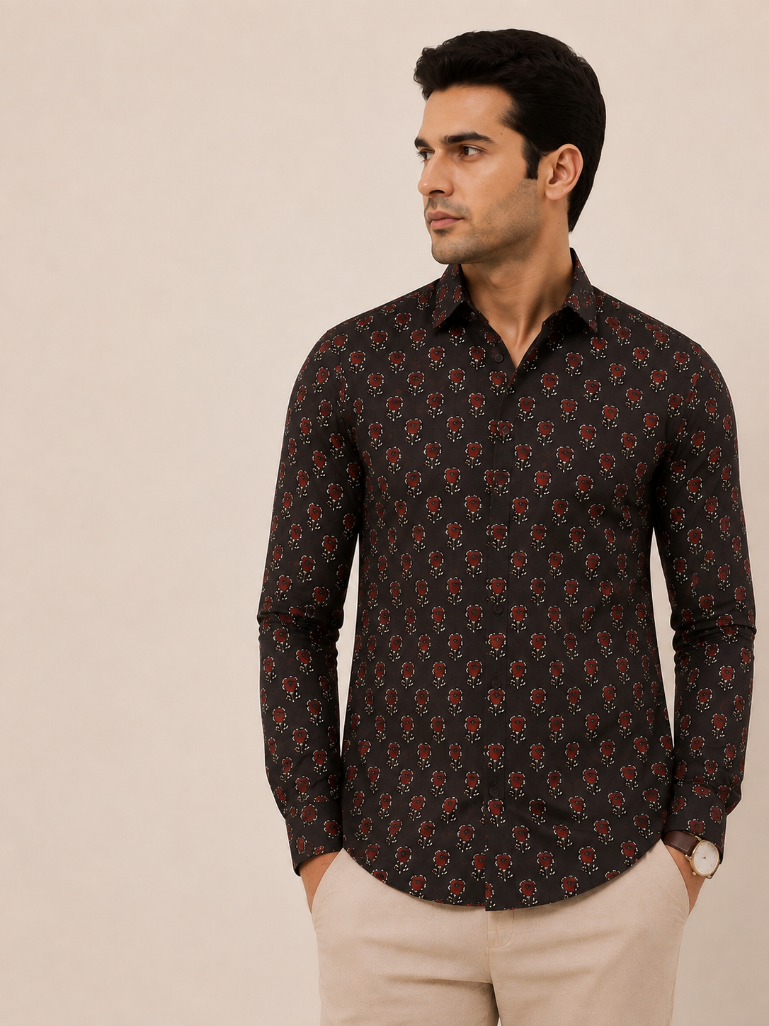 Black Full Sleeve Cotton Hand Block Printed Men's Shirt